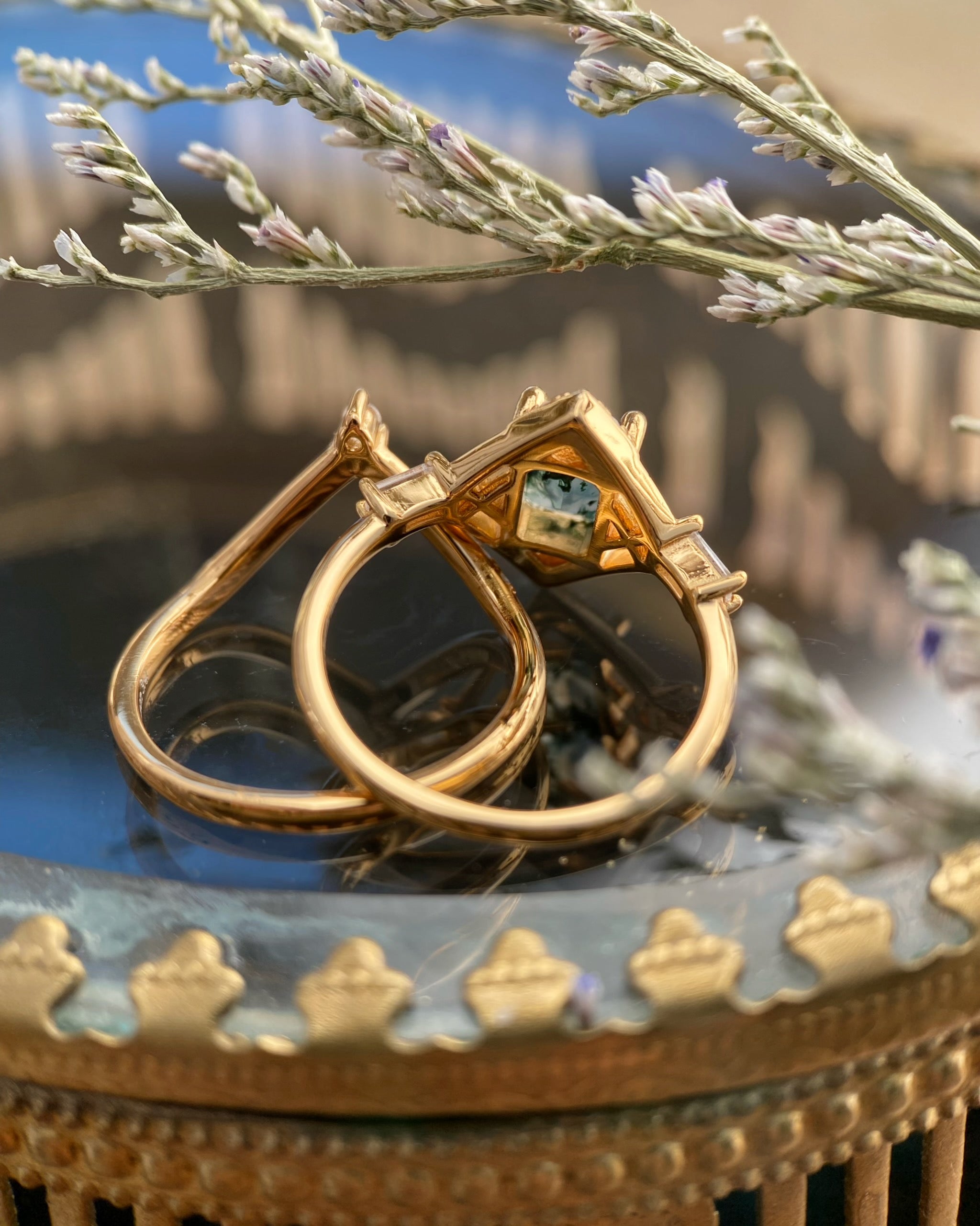 Elysium | Vintage Art Deco Inspired Moss Agate Engagement Ring Set Solid 14K Gold Emerald Cut