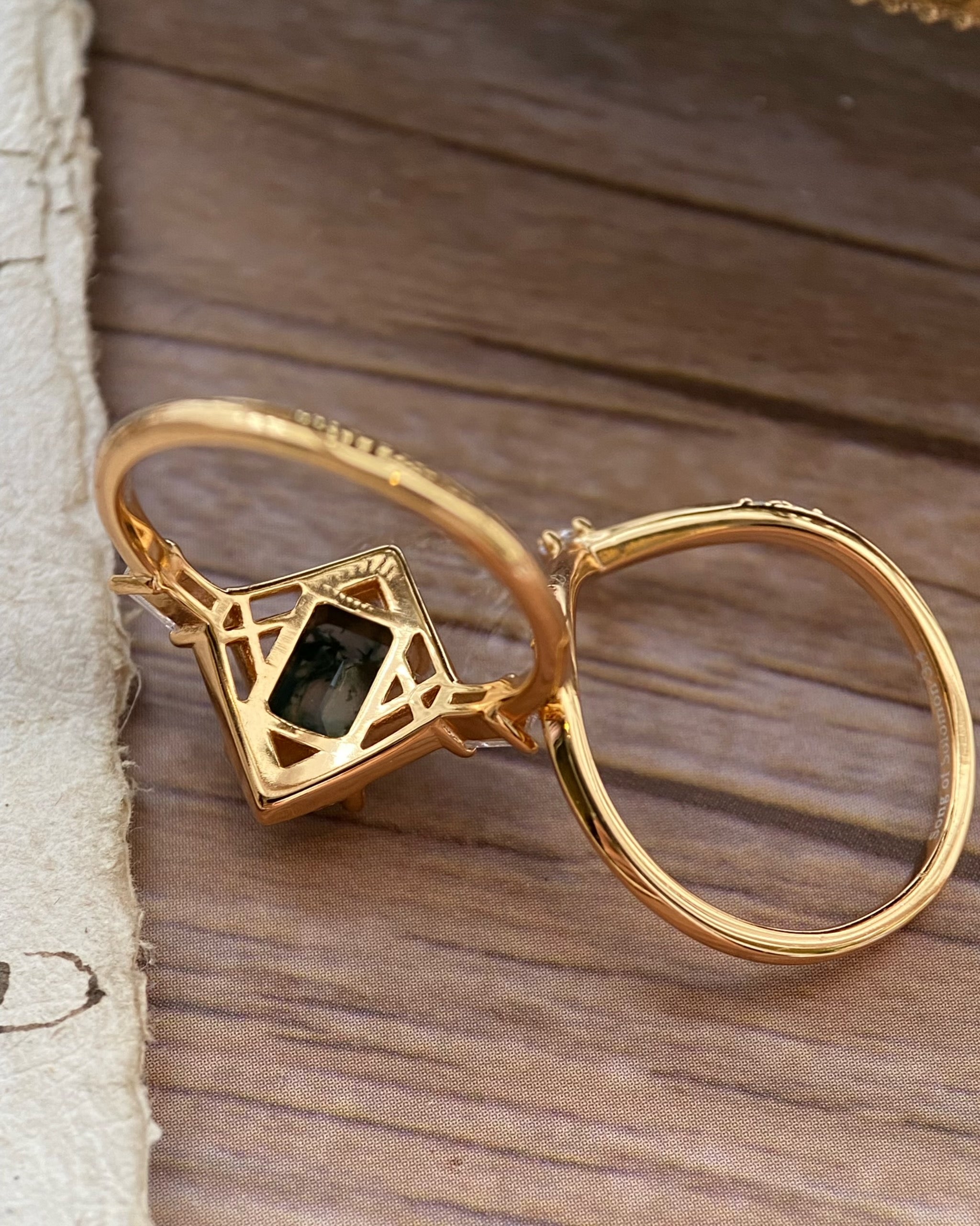 Elysium | Vintage Art Deco Inspired Moss Agate Engagement Ring Set Solid 14K Gold Emerald Cut