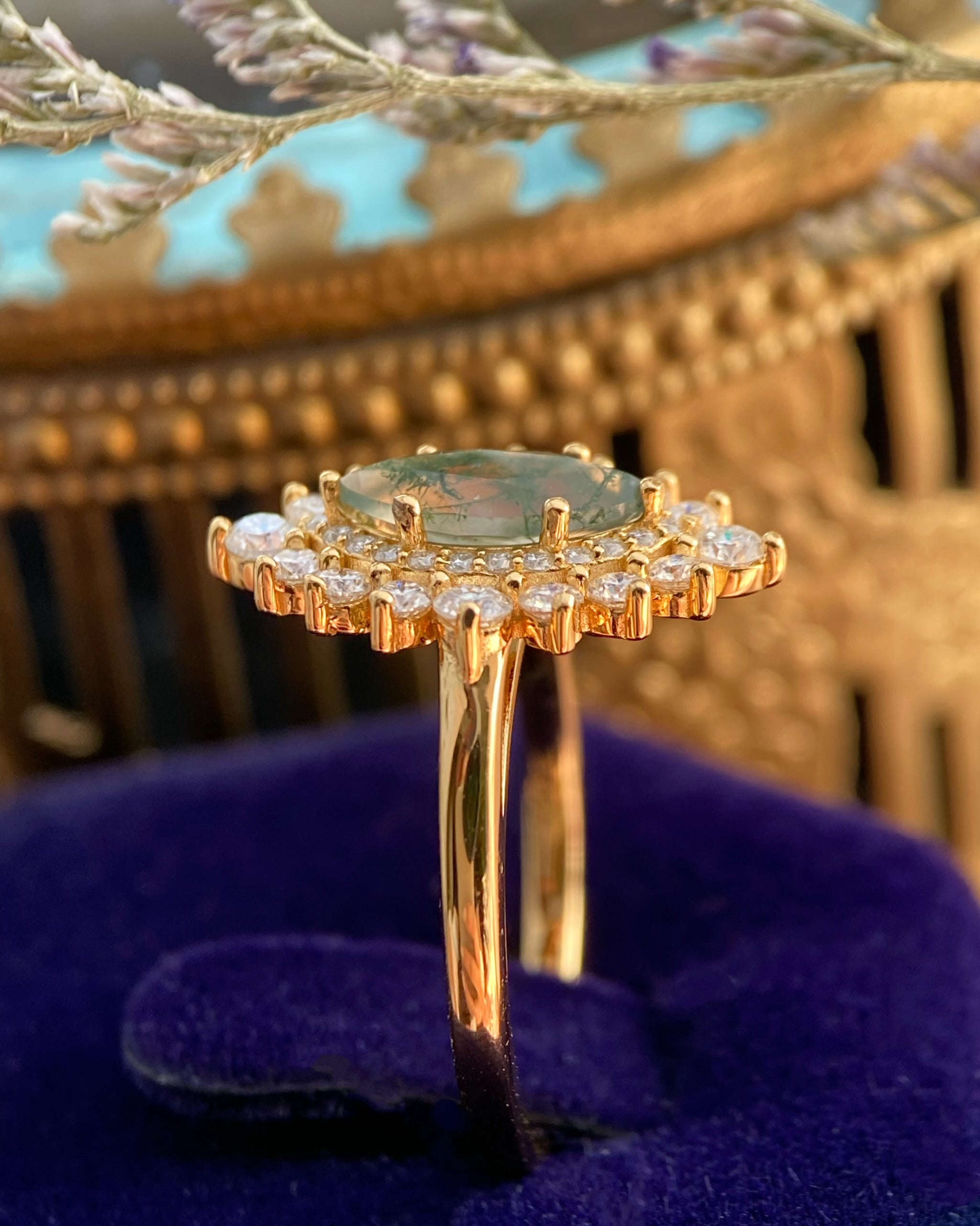 Guinevere | Vintage inspired Marquise Cut Moss Agate Engagement Ring