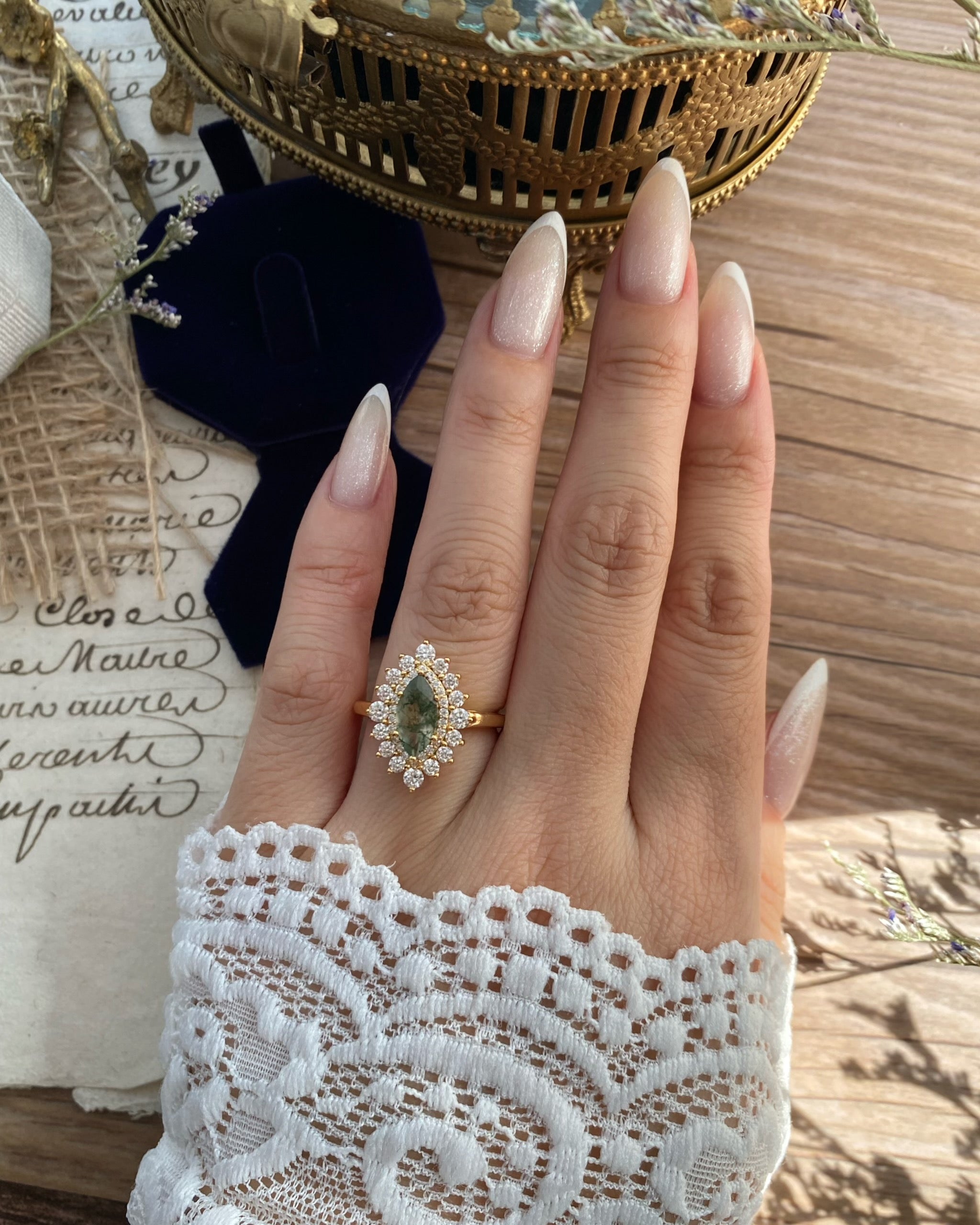 Guinevere | Vintage inspired Marquise Cut Moss Agate Engagement Ring