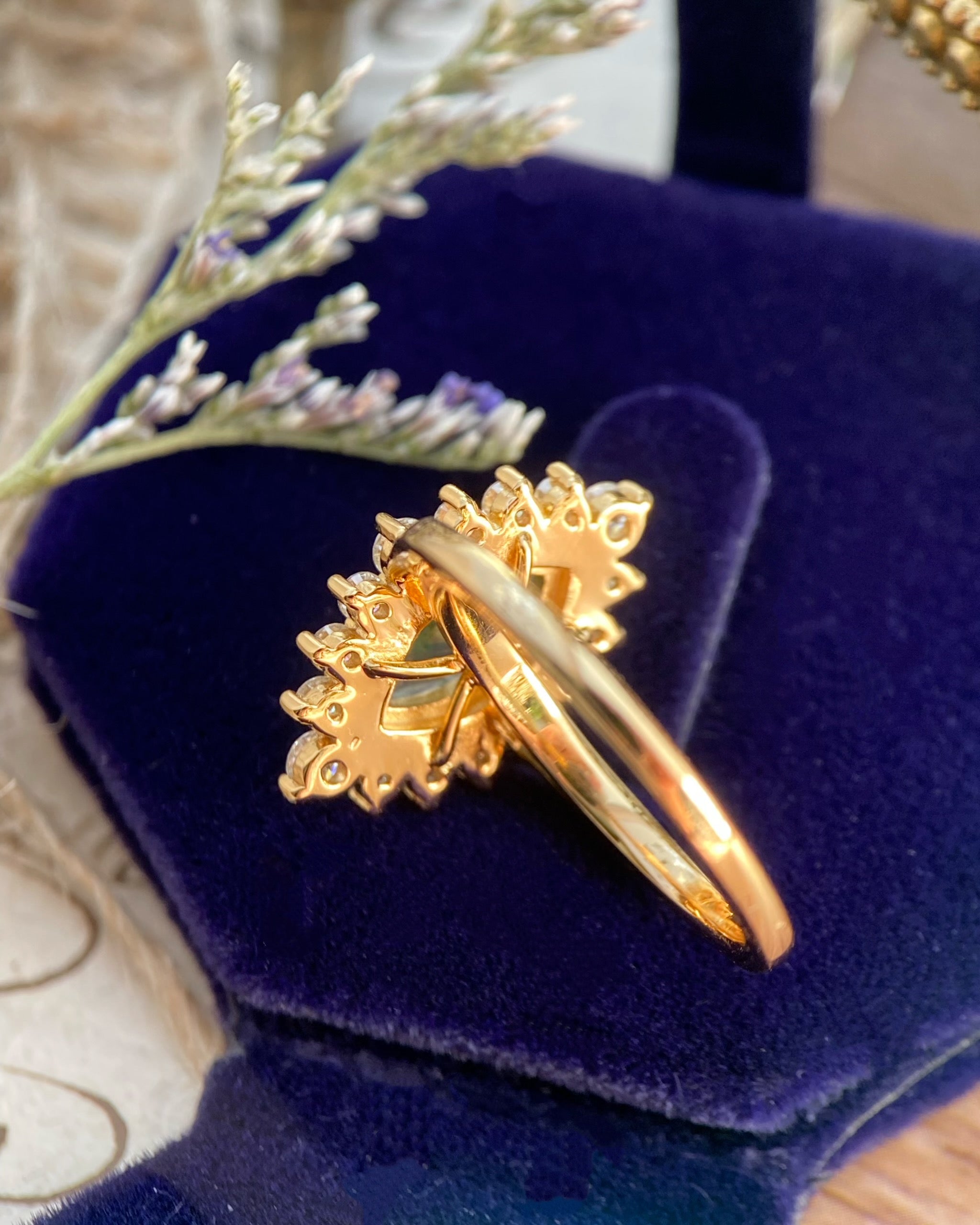 Guinevere | Vintage inspired Marquise Cut Moss Agate Engagement Ring