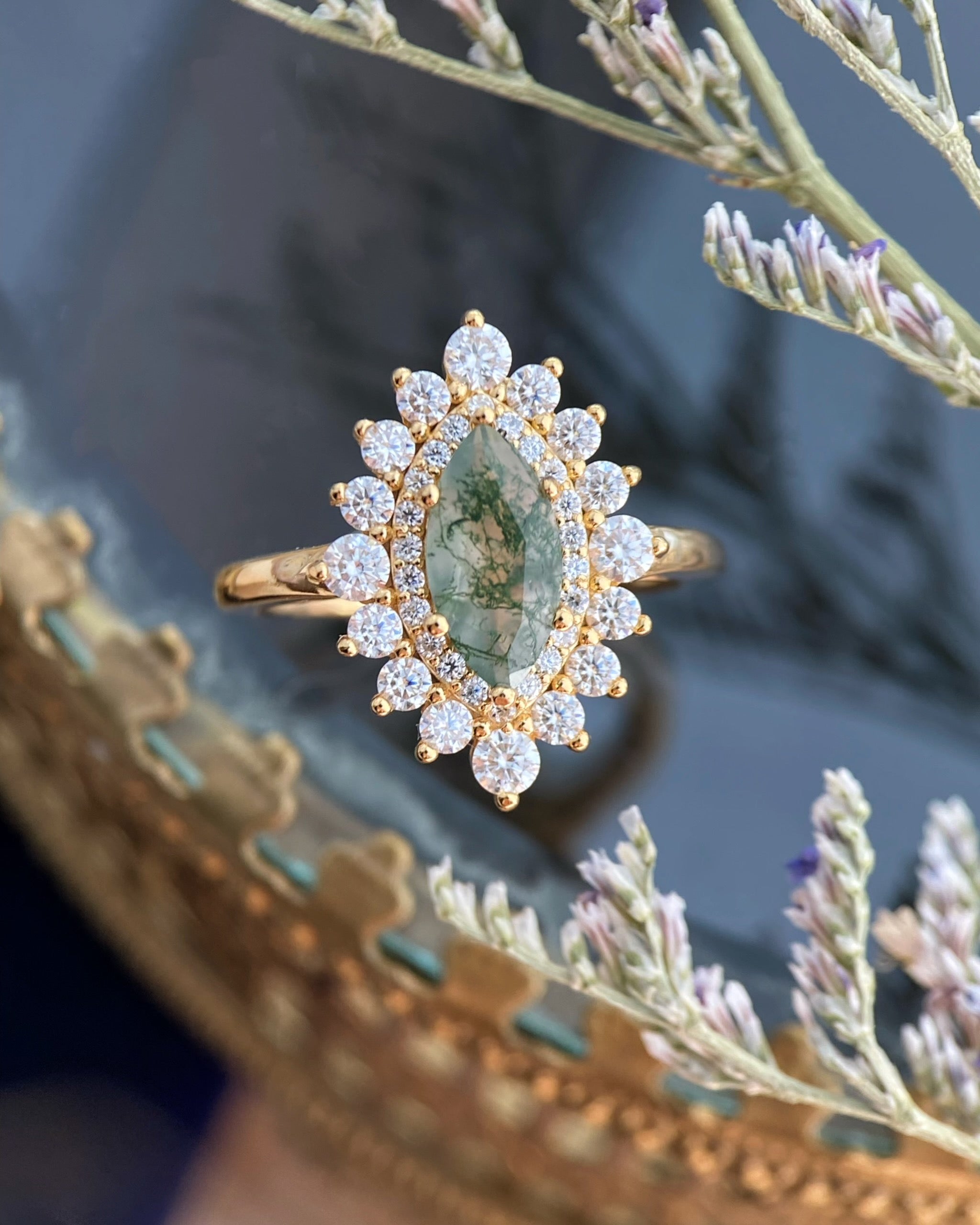 Guinevere | Vintage inspired Marquise Cut Moss Agate Engagement Ring