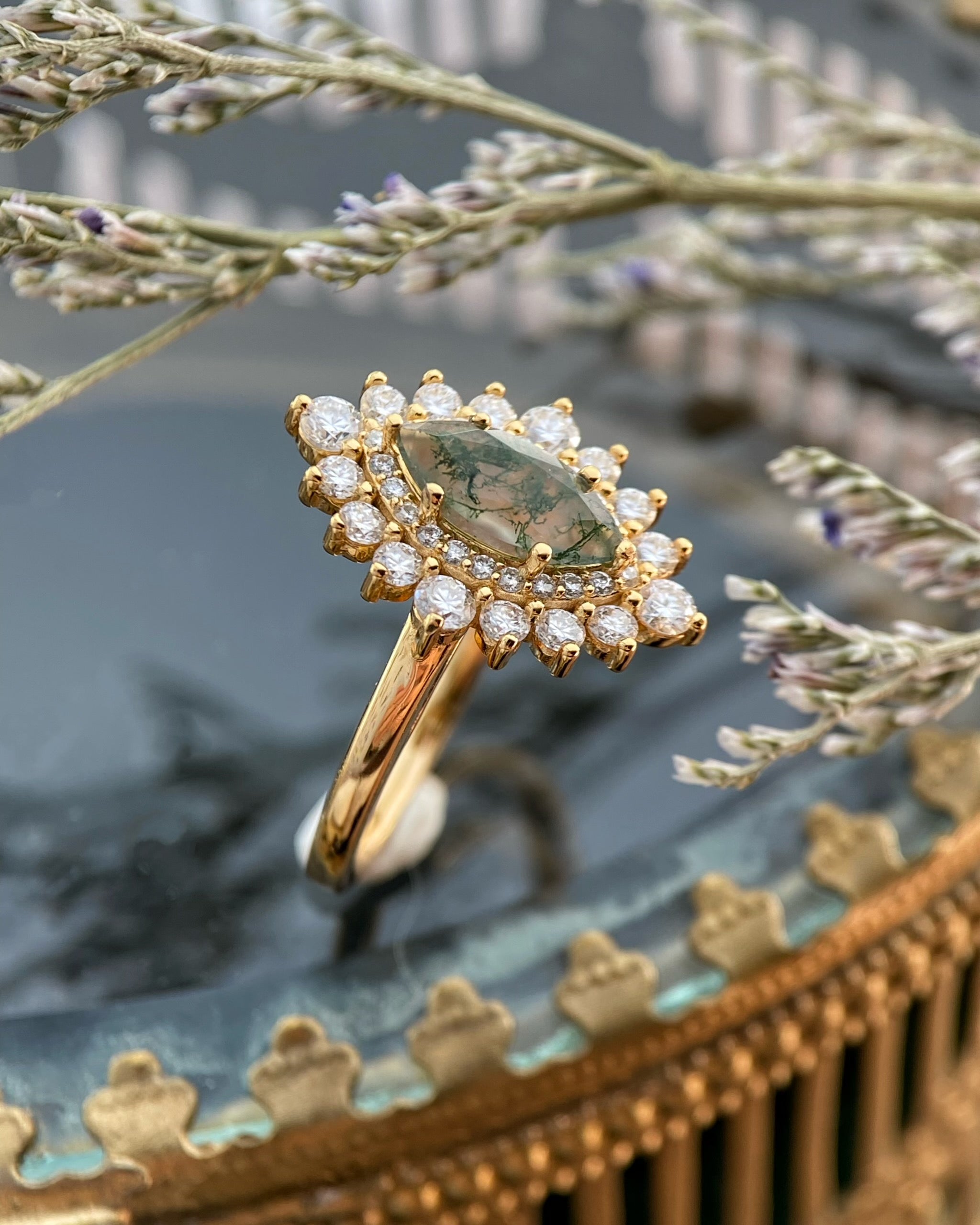 Guinevere | Vintage inspired Marquise Cut Moss Agate Engagement Ring