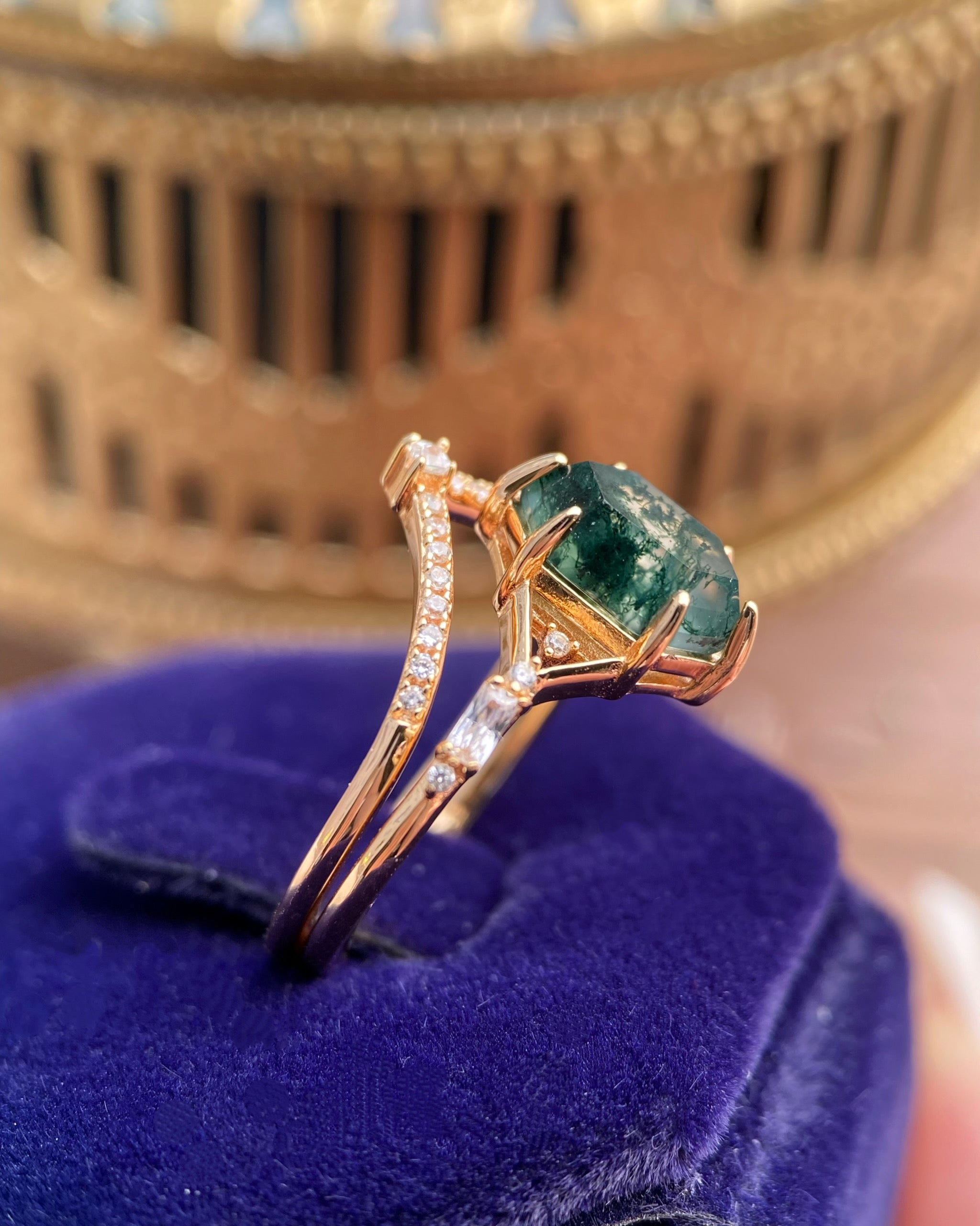 【Voile éthéré】Bague de fiançailles unique en agate mousse naturelle, faite main, de forme ovale, 1,5 ct