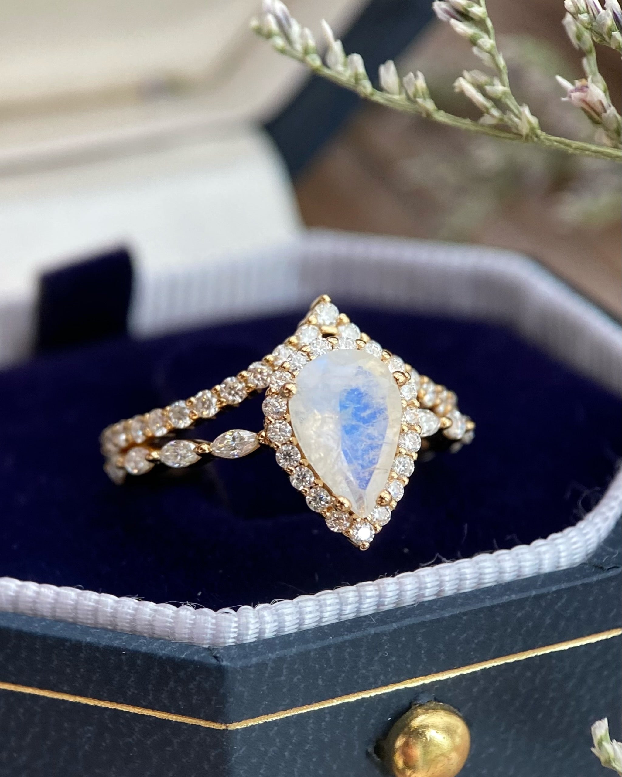 Ondine | Unique Pear Shape Blue Moonstone Engagement Ring Set