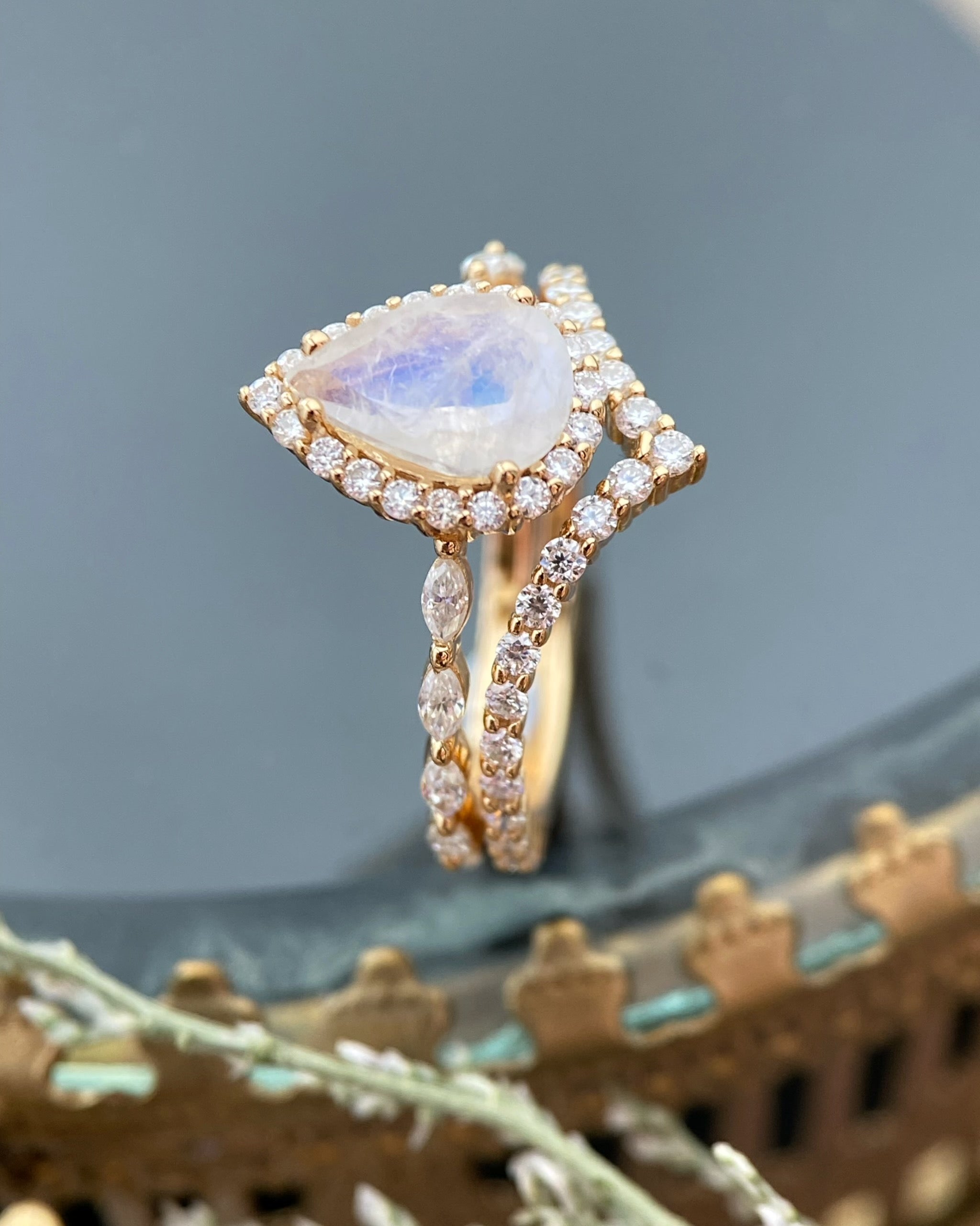 Ondine | Unique Pear Shape Blue Moonstone Engagement Ring Set