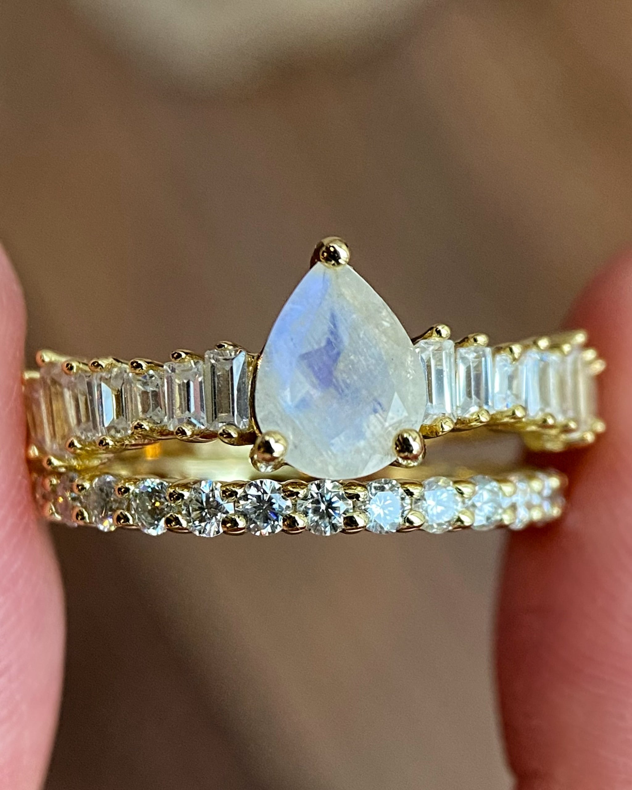 Chalice Set | Unique Handmade Natural Blue Moonstone Engagement Ring Set 2pcs 0.8ct Pear Shape