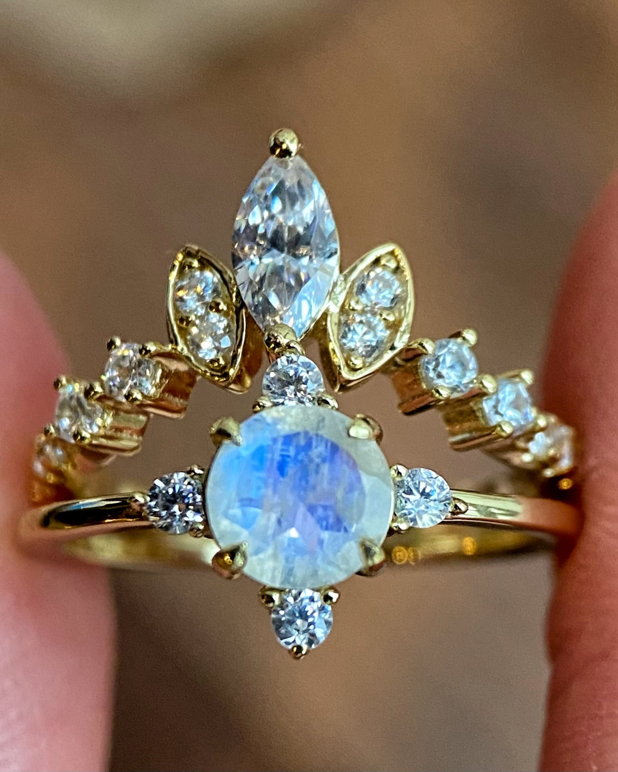 ARIADNE SET | Unique Handmade Natural Blue Moonstone Engagement Ring Set 2pcs Round Cut 0.8ct