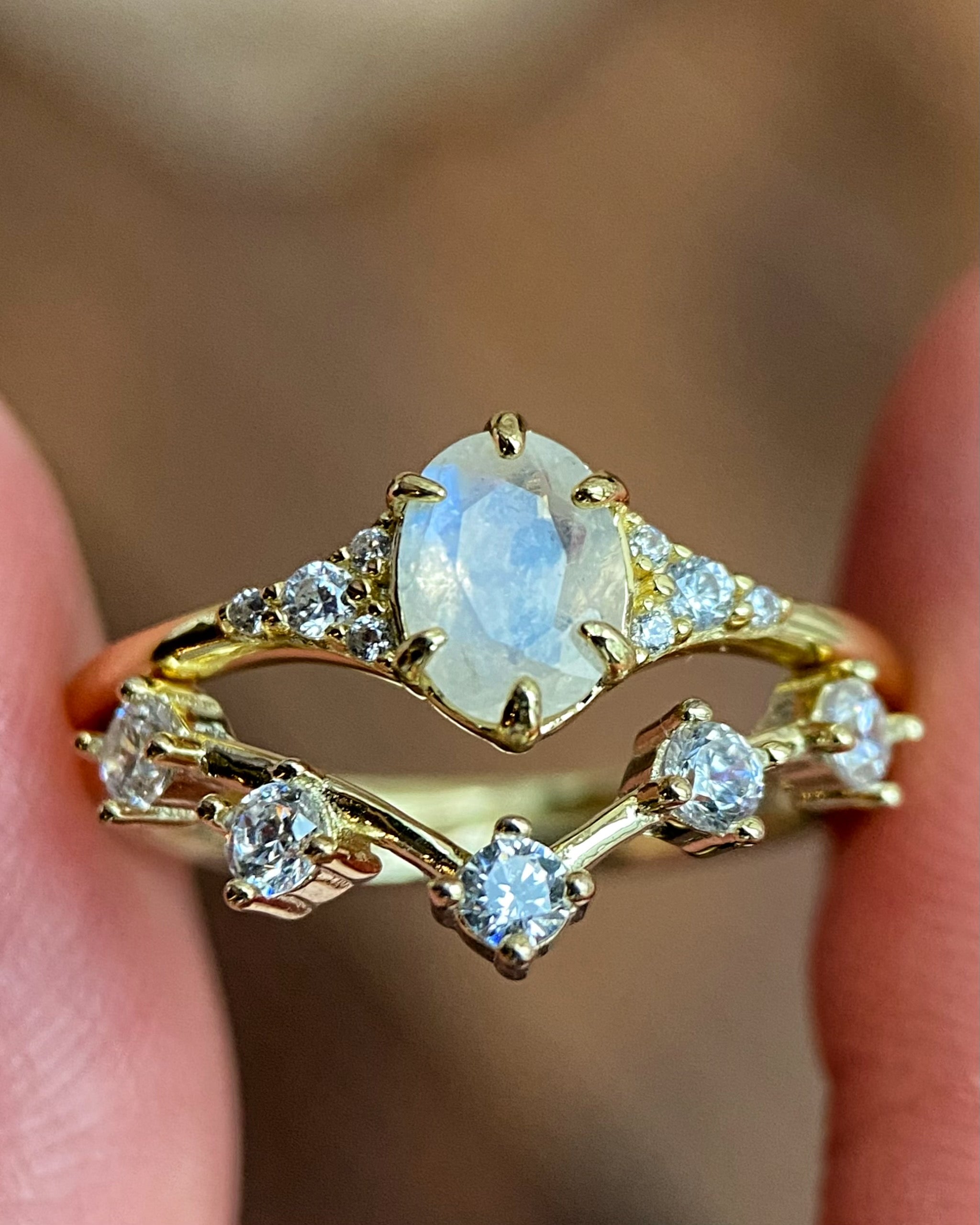 Artemis Set | Unique Handmade Natural Blue Moonstone Engagement Ring Set 2pcs 0.75ct Oval Cut