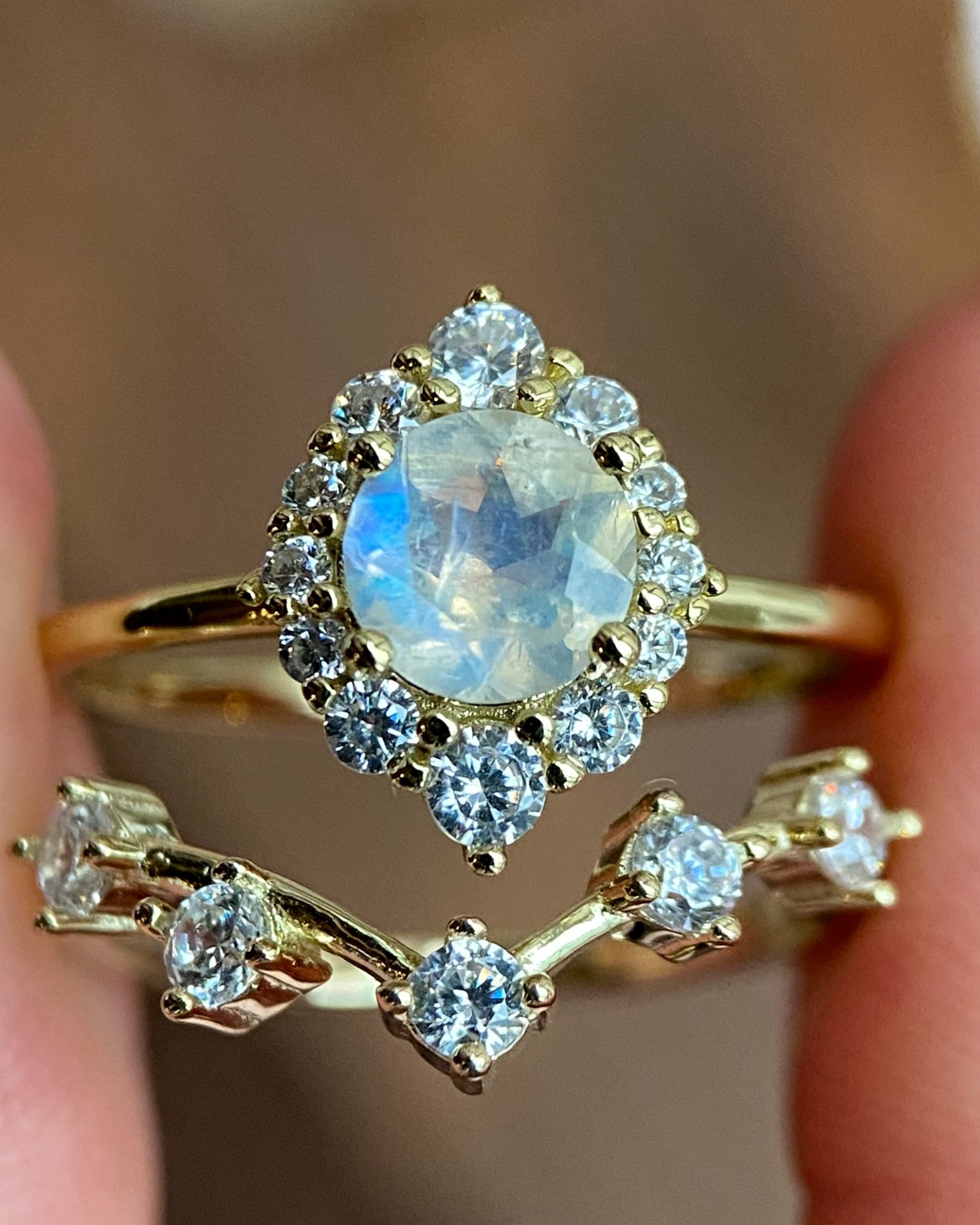 Auraluna Set | Unique Handmade Natural Blue Moonstone Engagement Ring Set 2pcs 0.8ct Round Cut