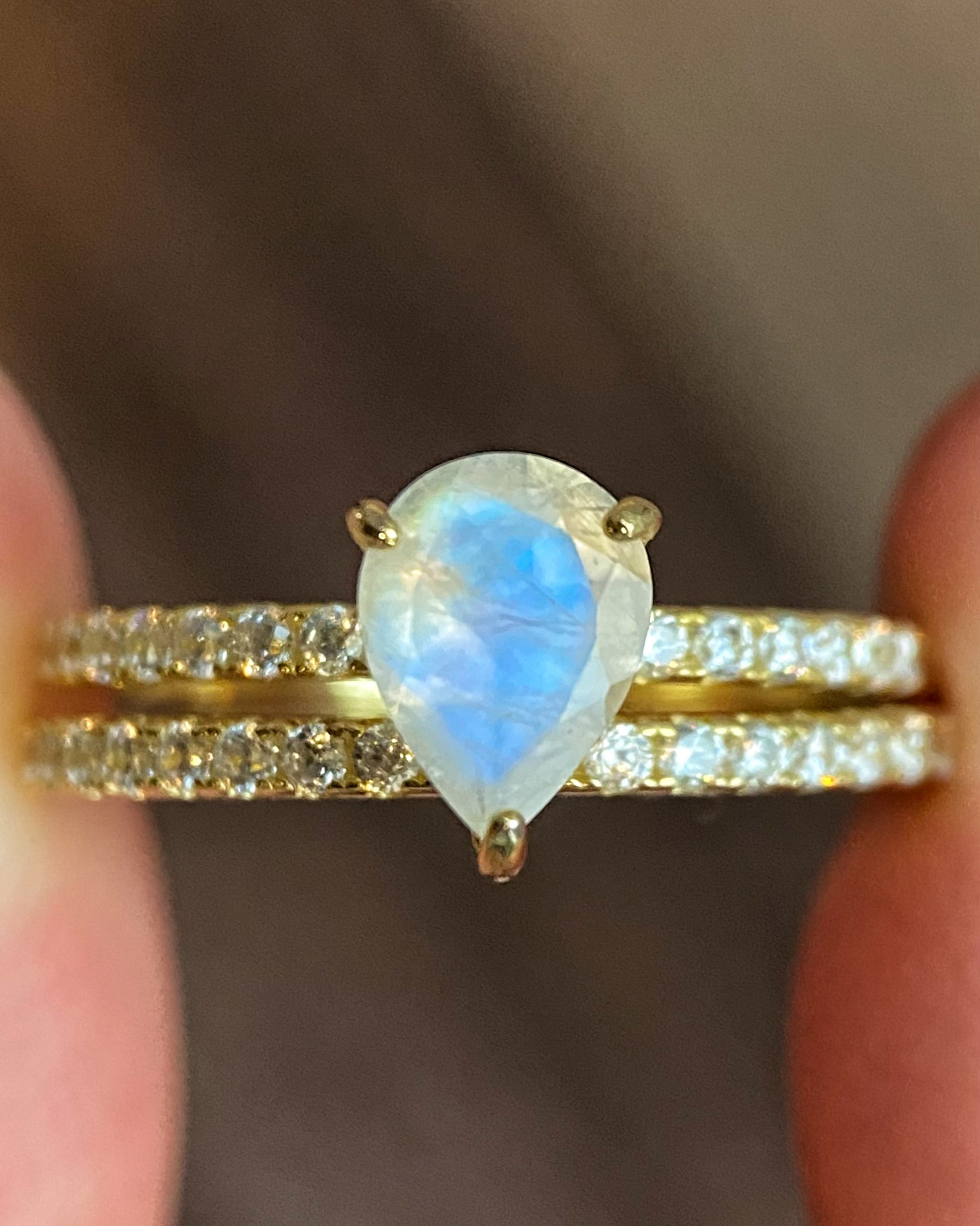 Aurelia Set | Unique Handmade Natural Blue Moonstone Engagement Ring Set 2pcs 0.8ct Pear Shape