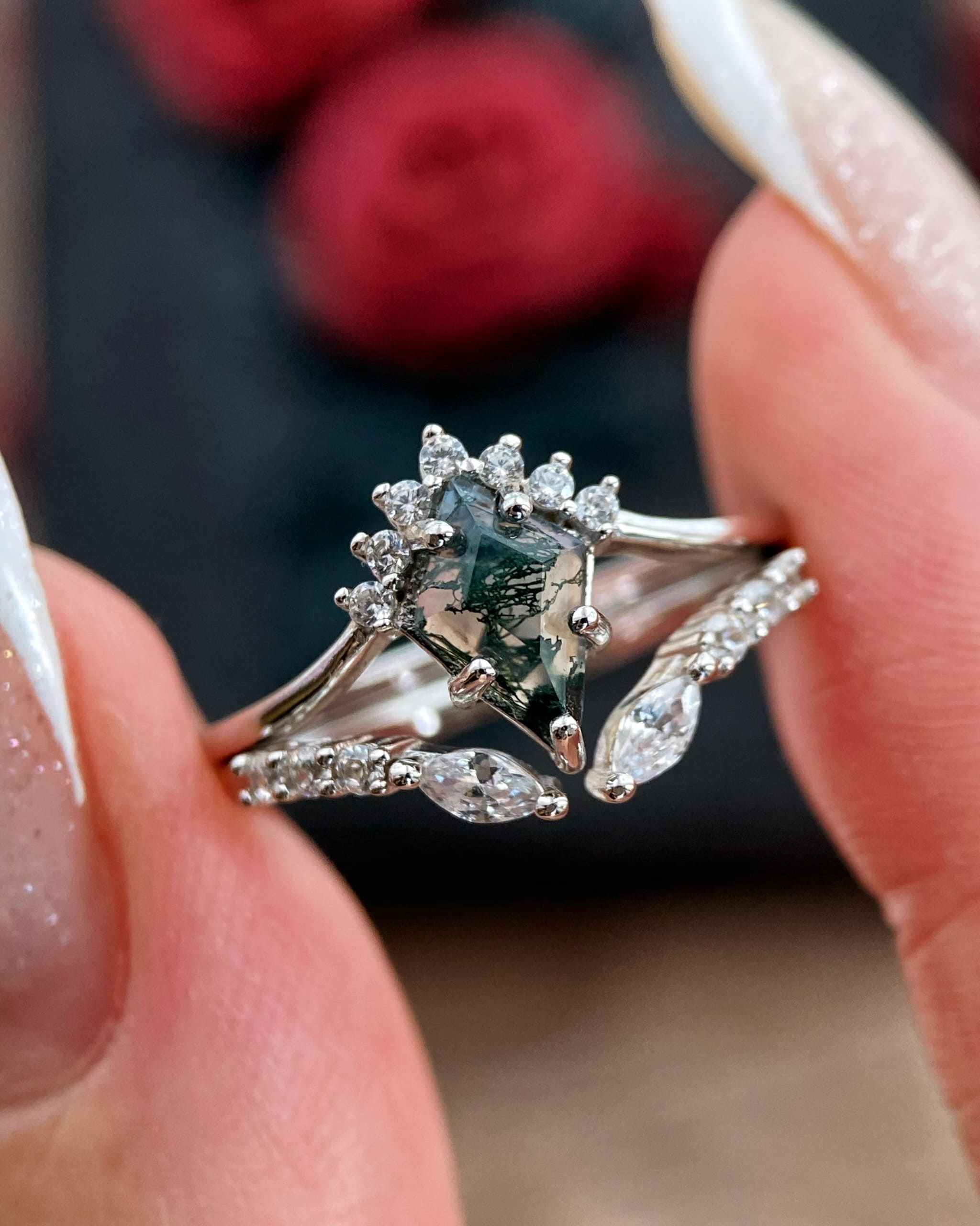Briar | Vintage Kite Cut Moss Agate Alternative Engagement Ring Set