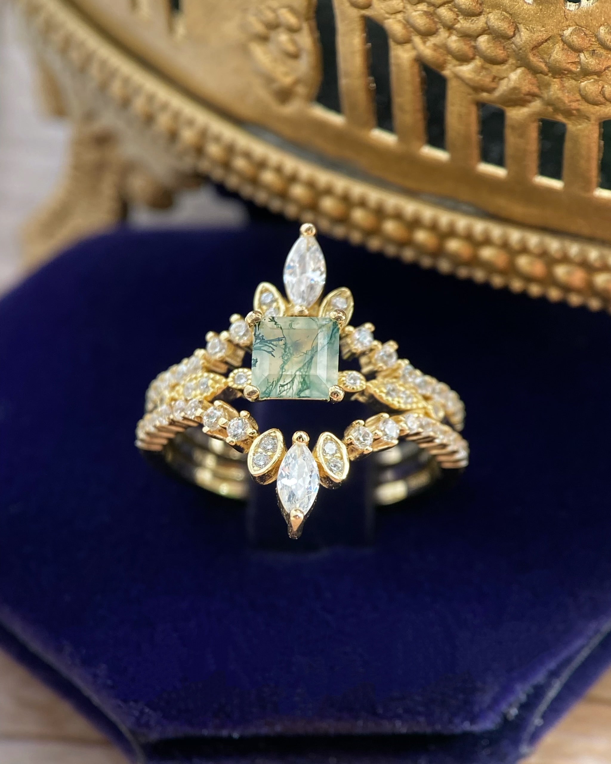 OPHELIA SET | Unique Handmade Natural Moss Agate Engagement Ring Set 3pcs 0.75ct Princess Cut