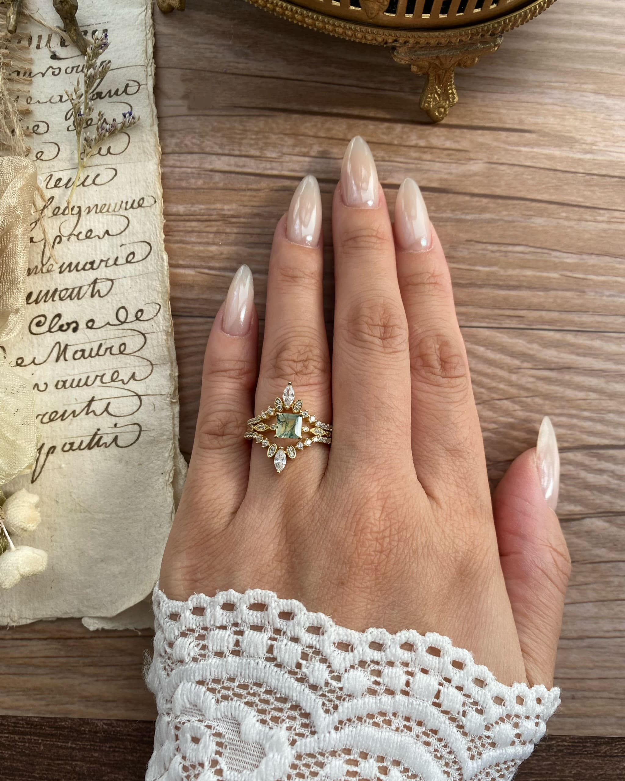 OPHELIA SET | Unique Handmade Natural Moss Agate Engagement Ring Set 3pcs 0.75ct Princess Cut