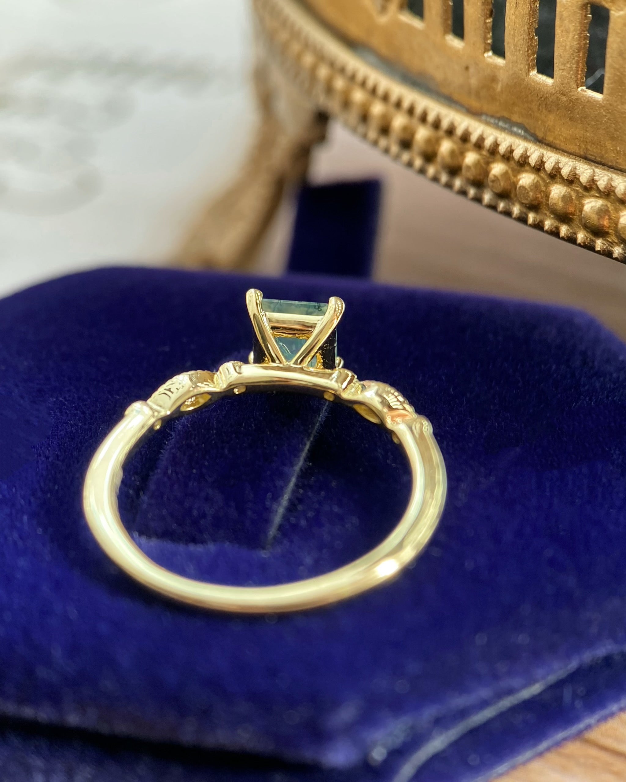 【OPHELIA】Bague de fiançailles unique, faite main, en agate mousse naturelle, 0,75 ct, taille princesse