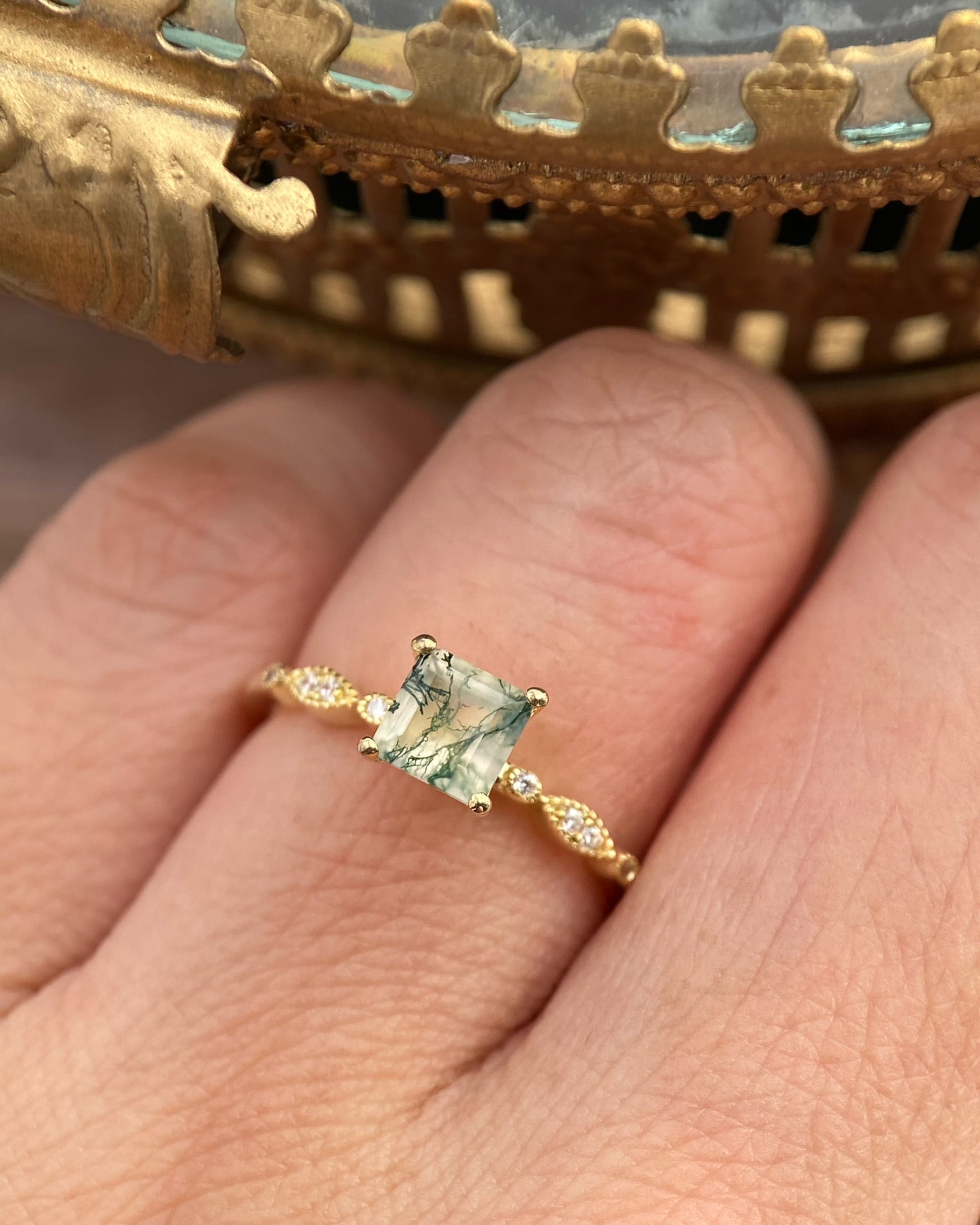 【OPHELIA】Bague de fiançailles unique, faite main, en agate mousse naturelle, 0,75 ct, taille princesse