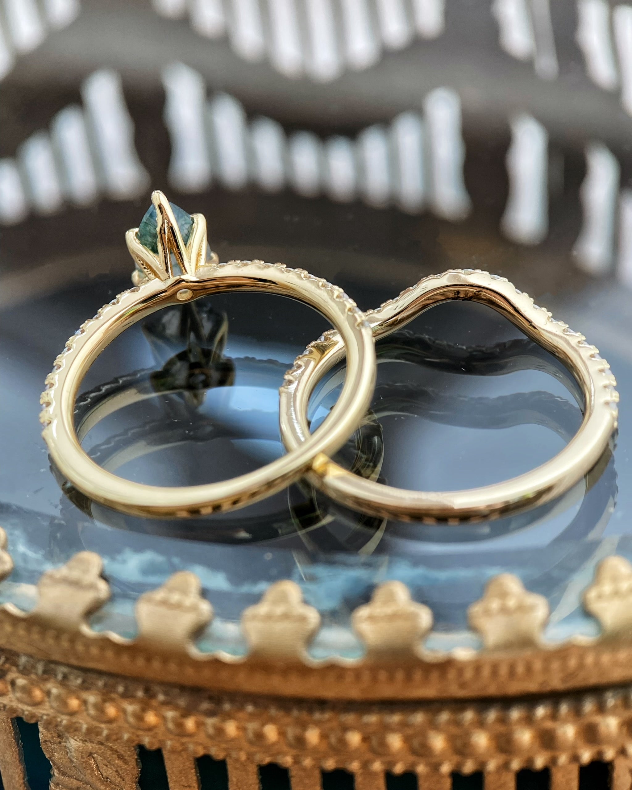 Sylvan Covenant | Unique Handmade Natural Moss Agate Engagement Ring Set 2pcs 0.7ct Pear Shape