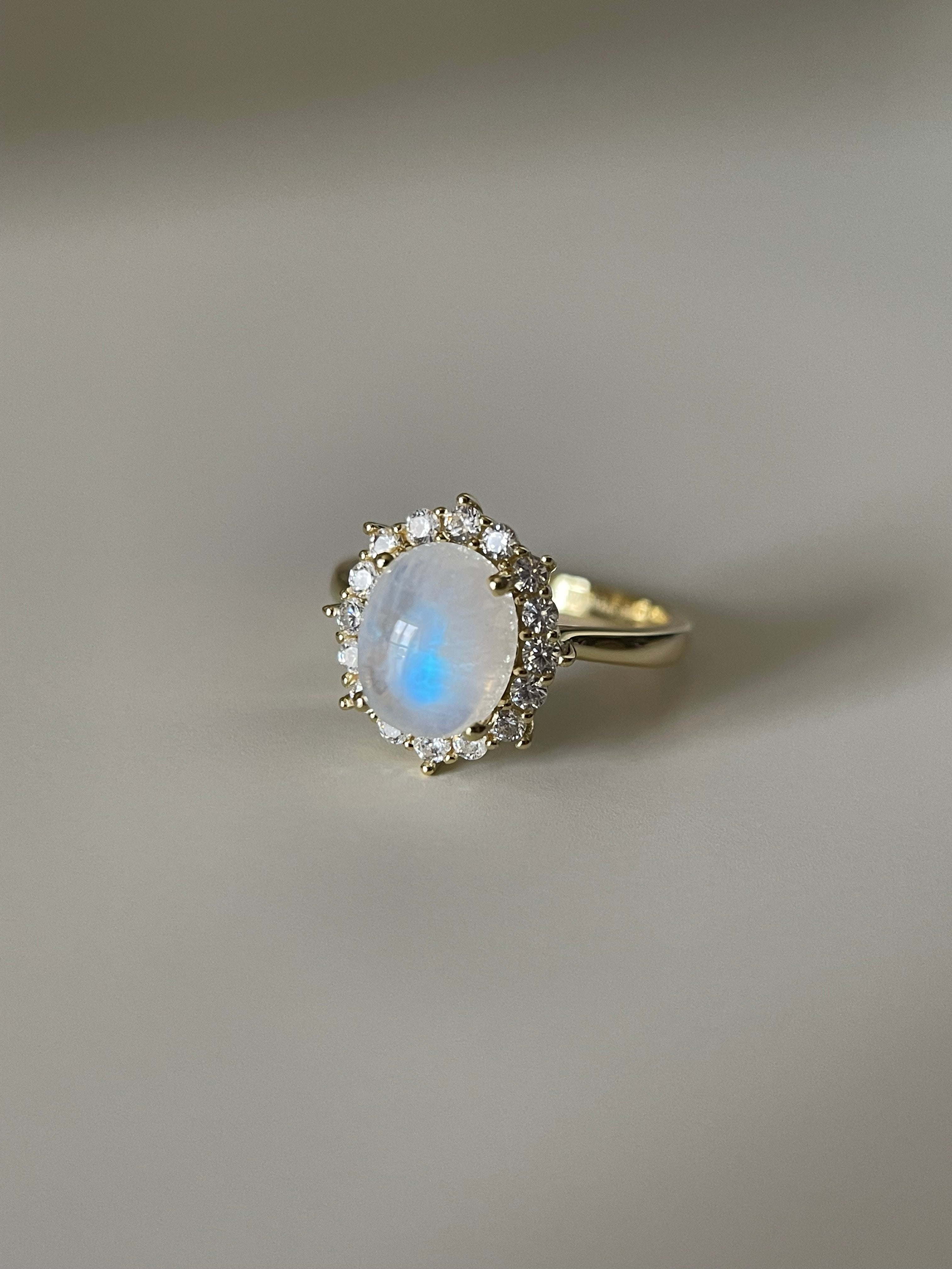 【SELENE】Bague de fiançailles unique, faite main, en pierre de lune bleue naturelle ovale de 3 carats