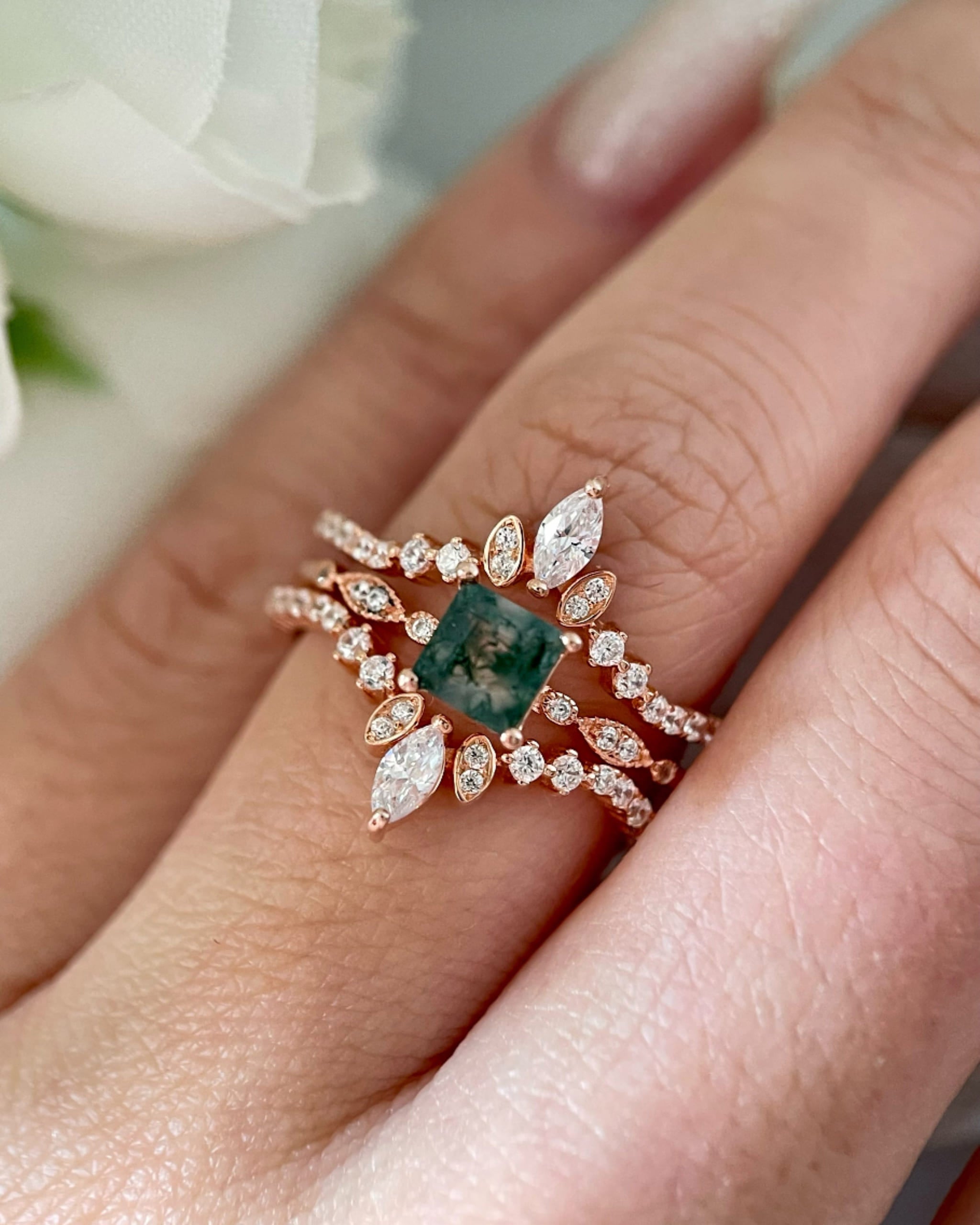OPHELIA SET | Unique Handmade Natural Moss Agate Engagement Ring Set 3pcs 0.75ct Princess Cut