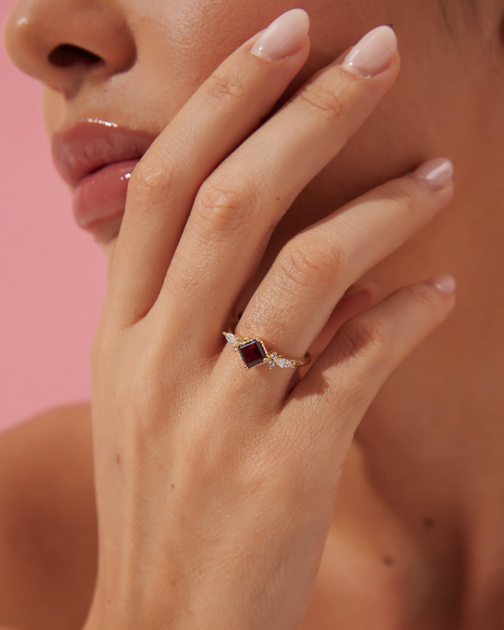 ANTONIA | Handmade Natural Rhodolite Garnet Engagement Ring 0.75ct Princess Cut