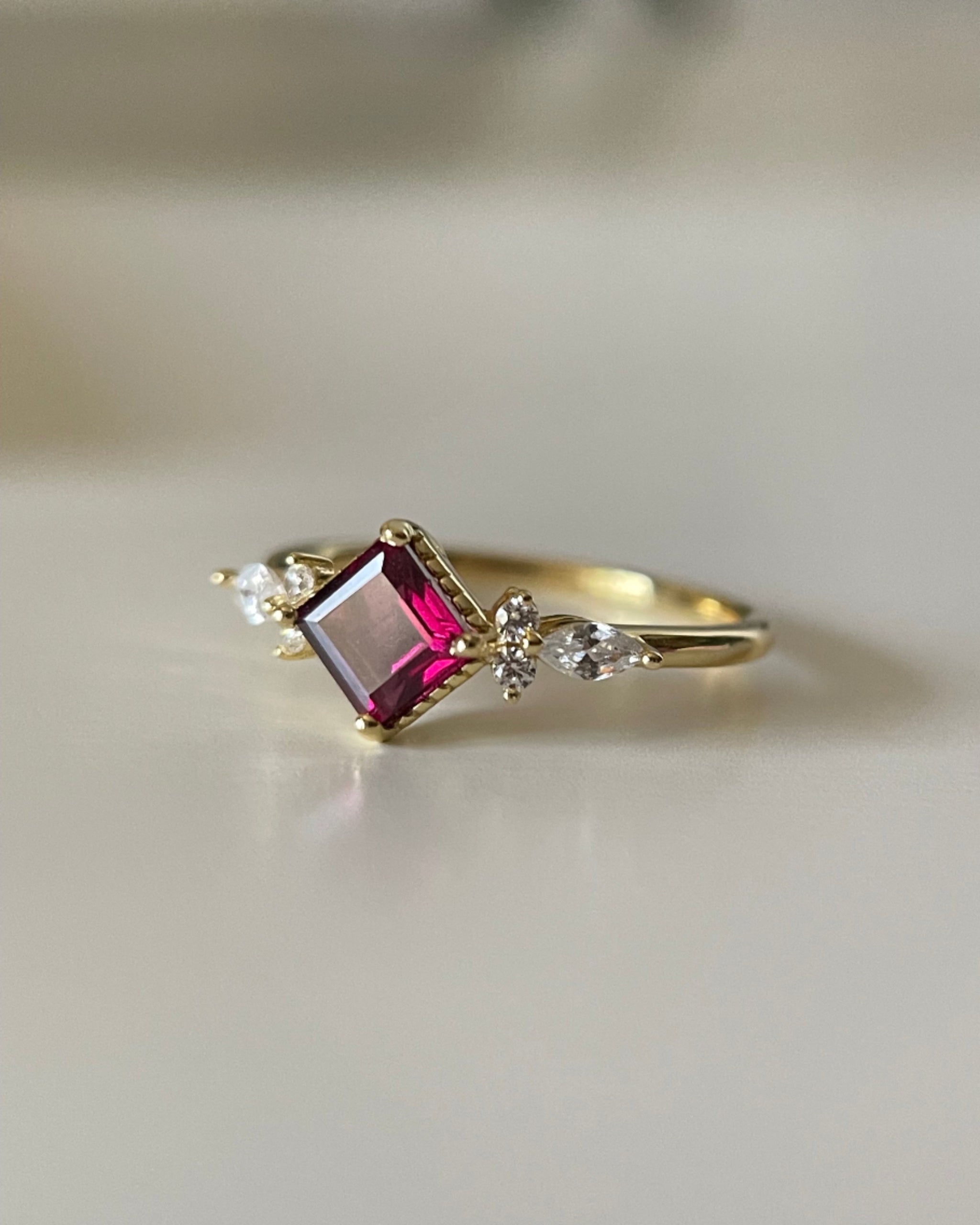 ANTONIA | Handmade Natural Rhodolite Garnet Engagement Ring 0.75ct Princess Cut