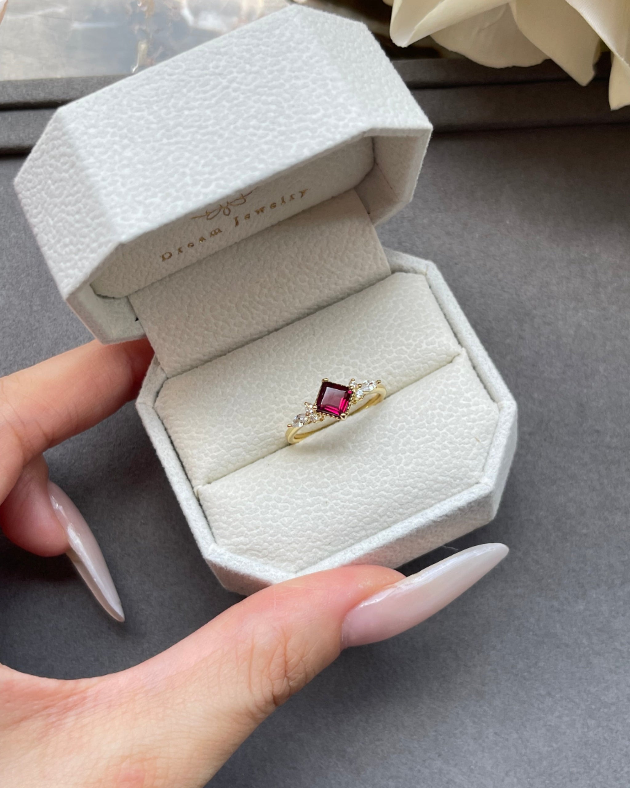 ANTONIA | Handmade Natural Rhodolite Garnet Engagement Ring 0.75ct Princess Cut