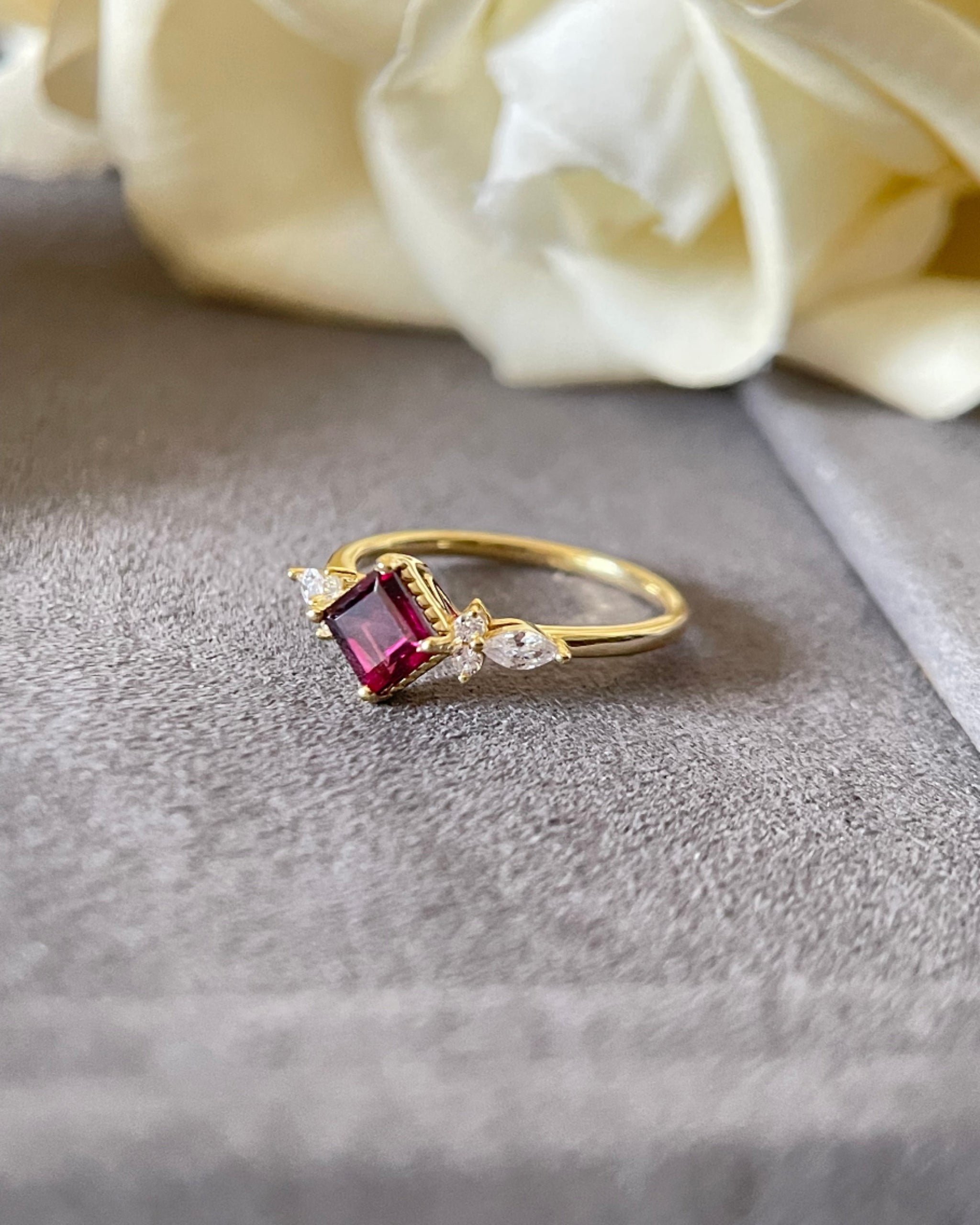 ANTONIA | Handmade Natural Rhodolite Garnet Engagement Ring 0.75ct Princess Cut