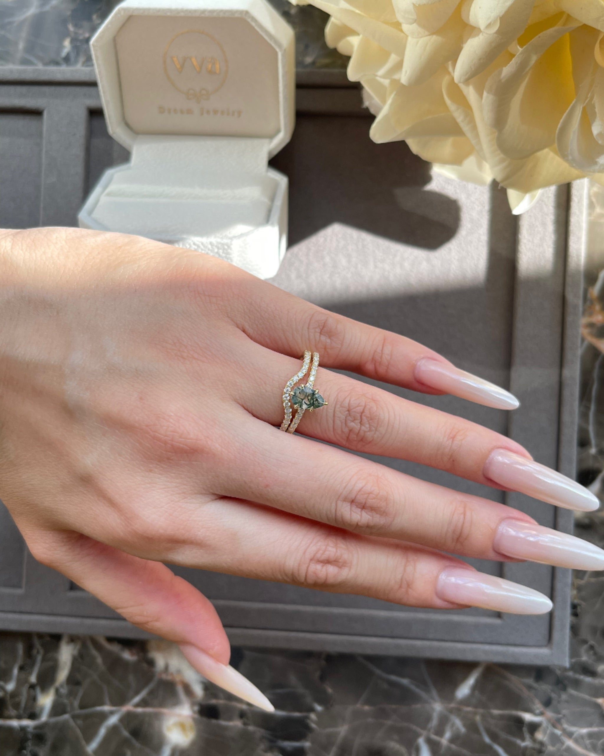 Sylvan Covenant | Unique Handmade Natural Moss Agate Engagement Ring Set 2pcs 0.7ct Pear Shape