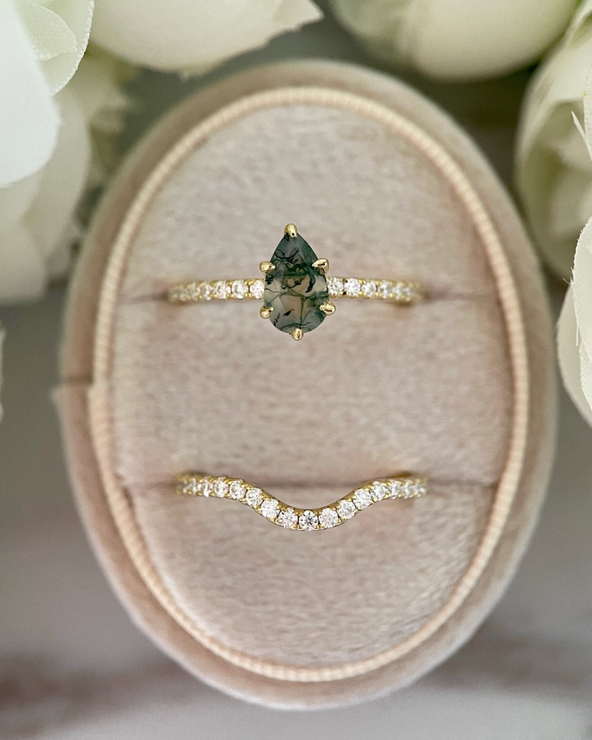 Sylvan Covenant | Unique Handmade Natural Moss Agate Engagement Ring Set 2pcs 0.7ct Pear Shape