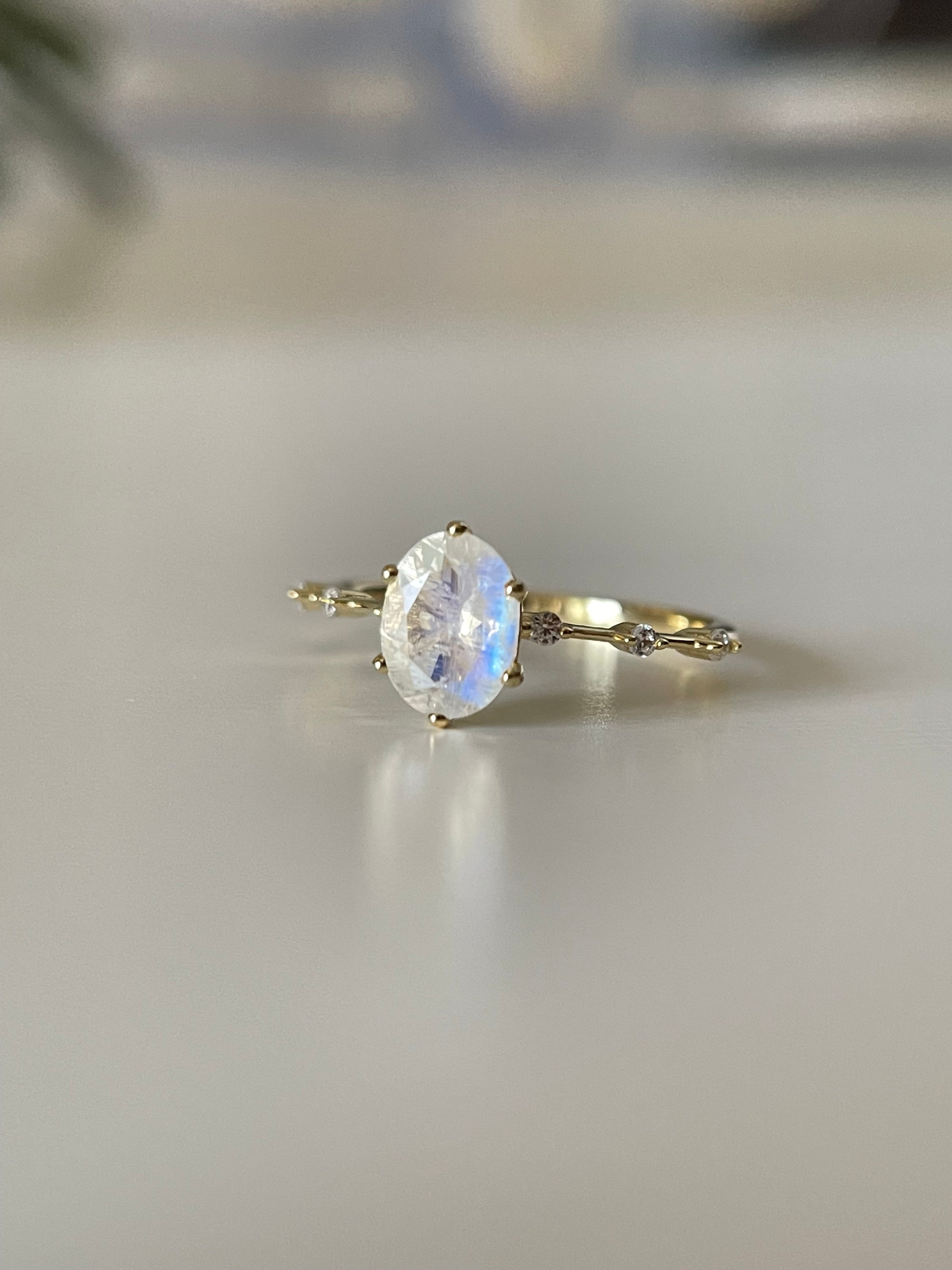 【Eternal Phases】Unique Handmade Natural Blue Moonstone Engagement Ring 1.5ct Oval Shape