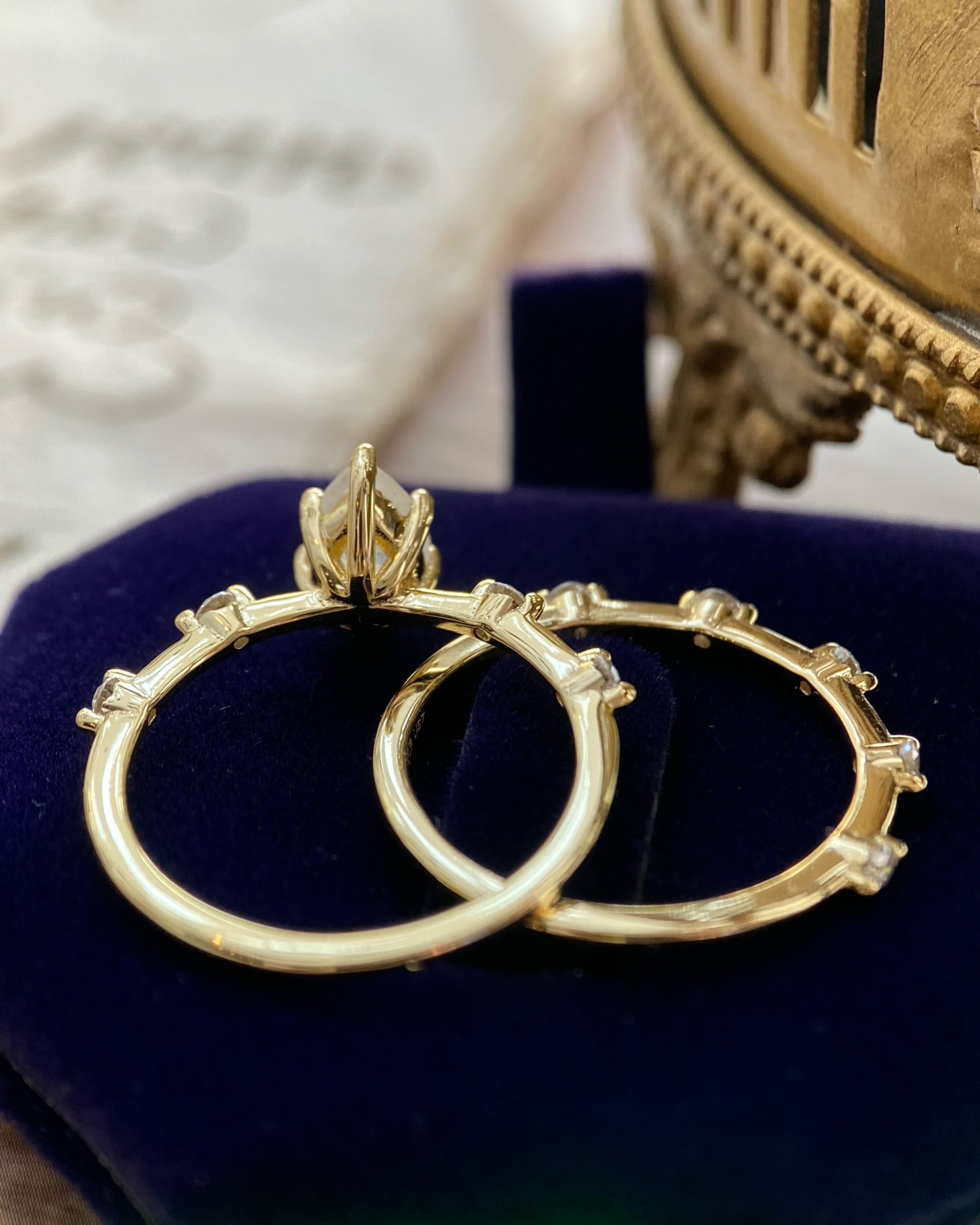 Soulmate Set | Unique Handmade Natural Blue Moonstone Engagement Ring Set 2pcs 0.75ct Pear Shape