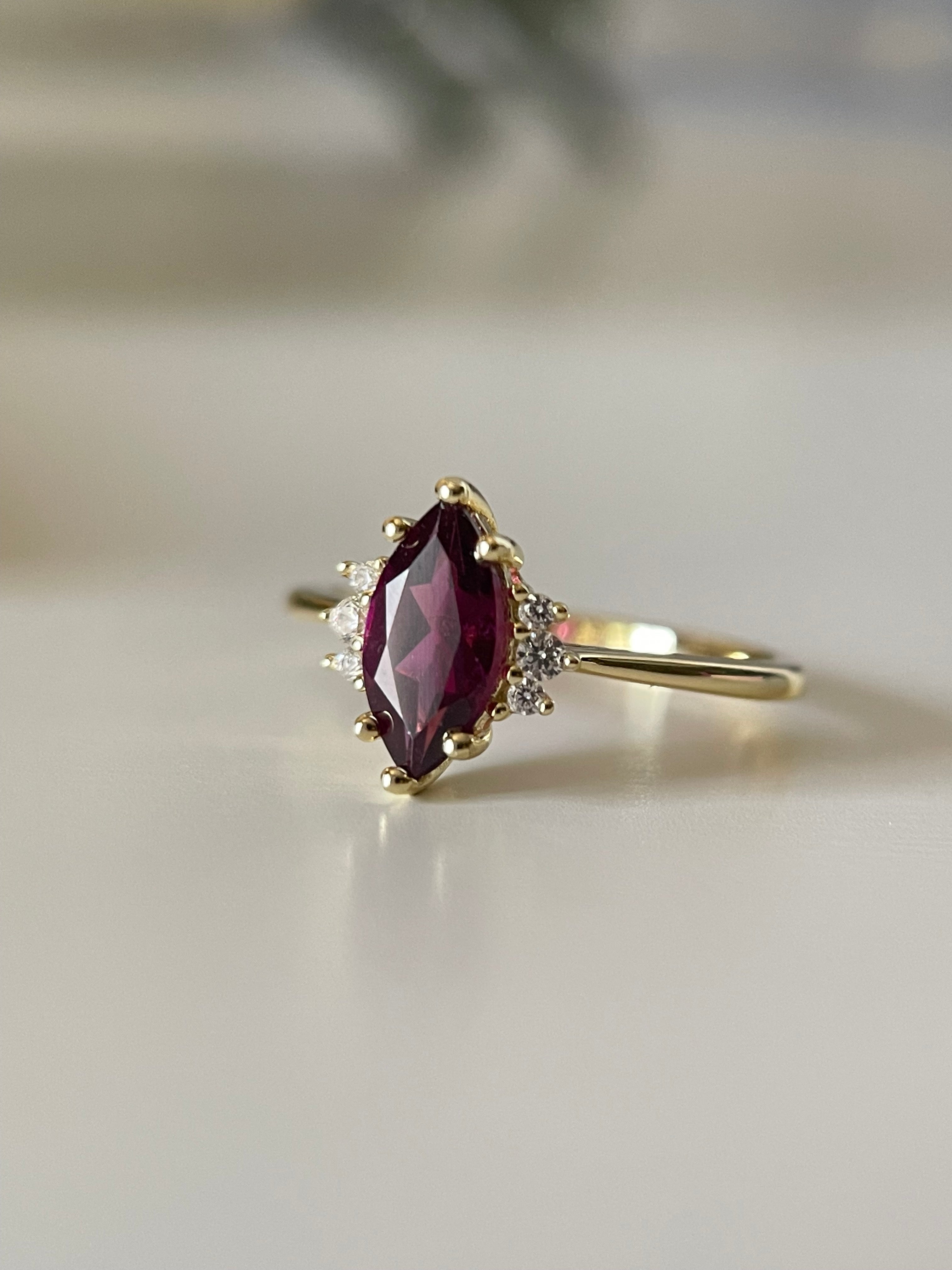 【Octavia】Handmade Natural Rhodolite Garnet Engagement Ring Marquise Shape 1ct