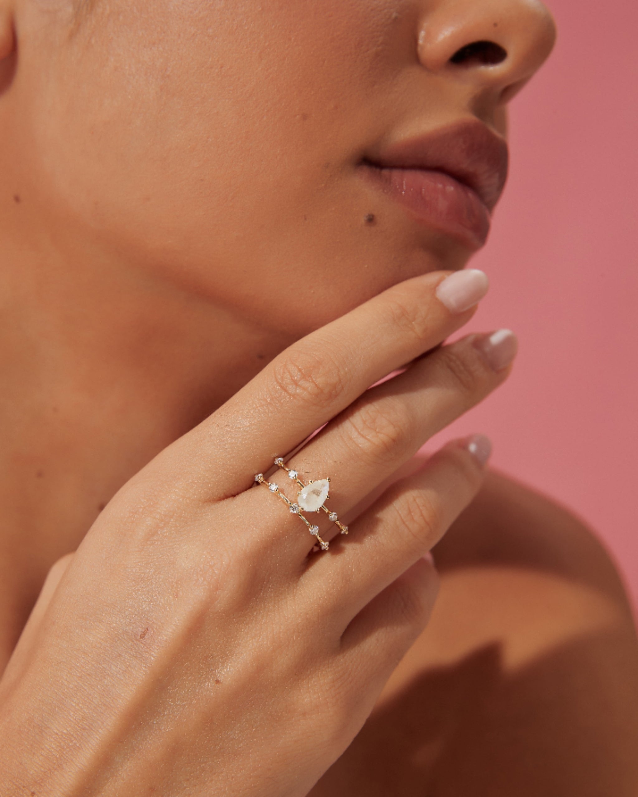 Soulmate Set | Unique Handmade Natural Blue Moonstone Engagement Ring Set 2pcs 0.75ct Pear Shape