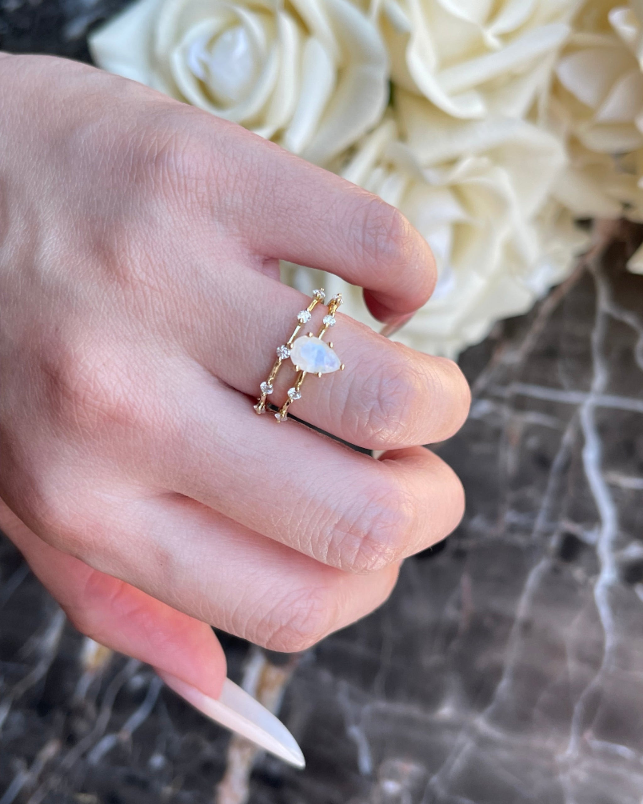 Soulmate Set | Unique Handmade Natural Blue Moonstone Engagement Ring Set 2pcs 0.75ct Pear Shape