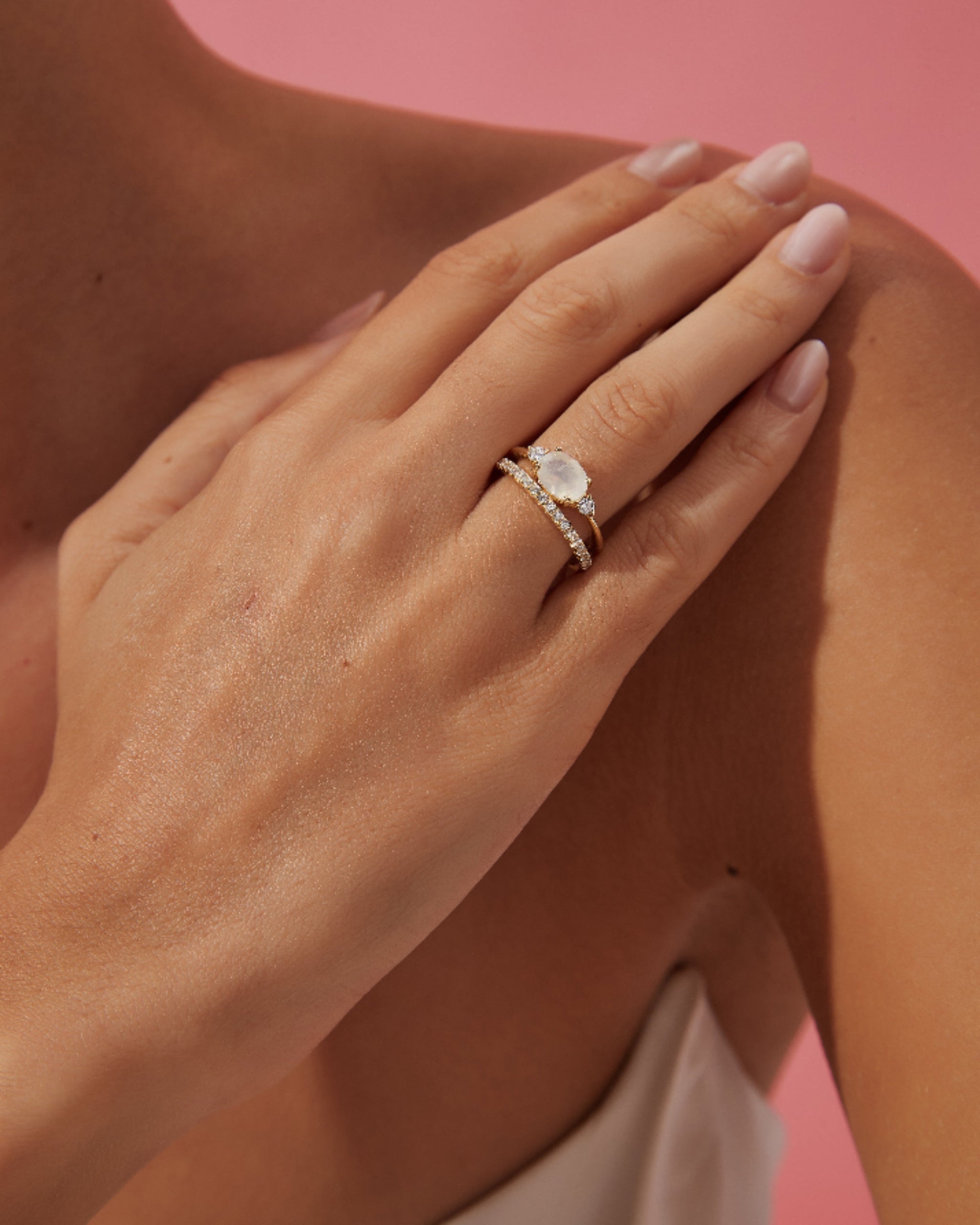 Lunette Set | Unique Handmade Natural Blue Moonstone Engagement Ring Set 2pcs 1.5ct Oval Cut