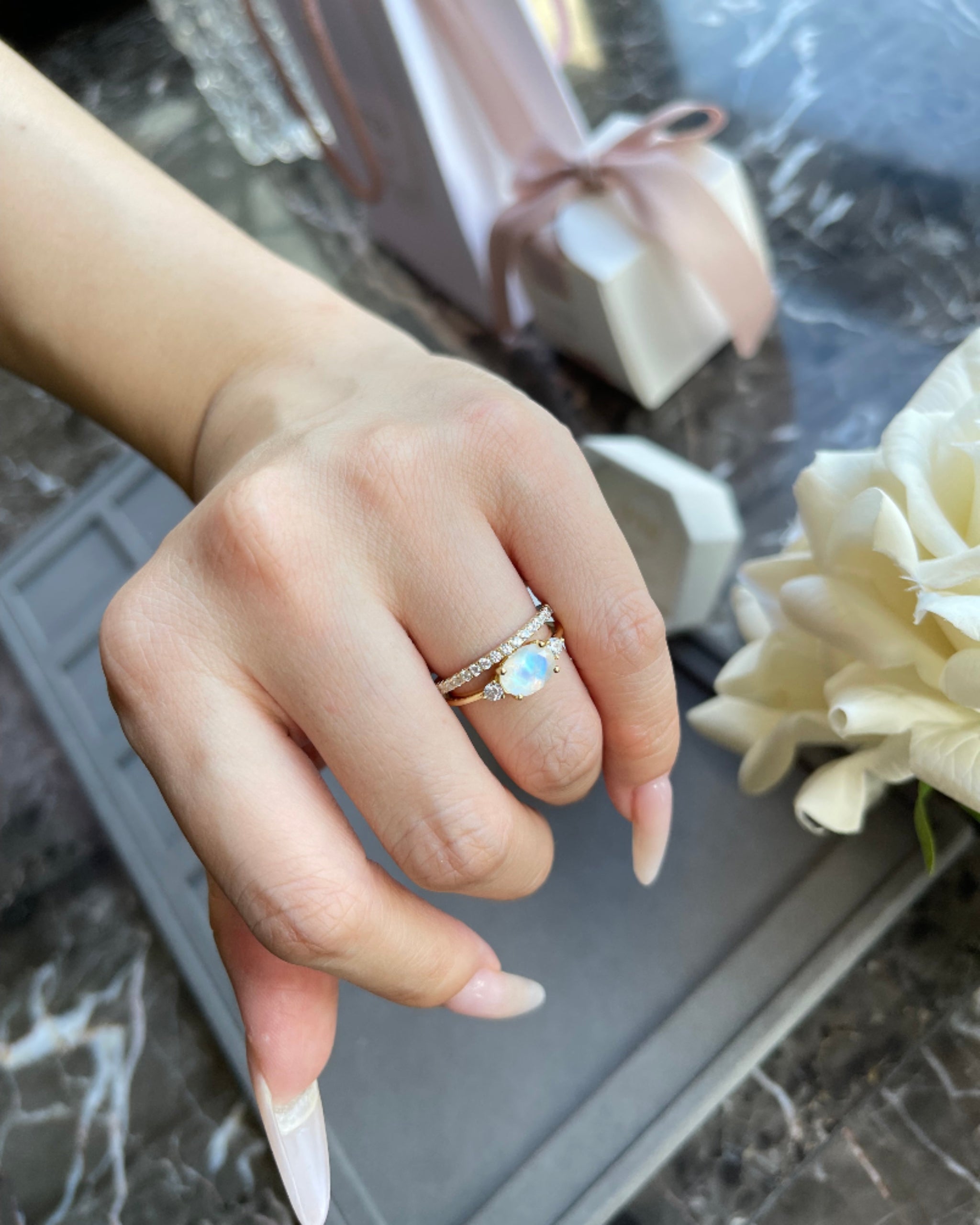 Lunette Set | Unique Handmade Natural Blue Moonstone Engagement Ring Set 2pcs 1.5ct Oval Cut
