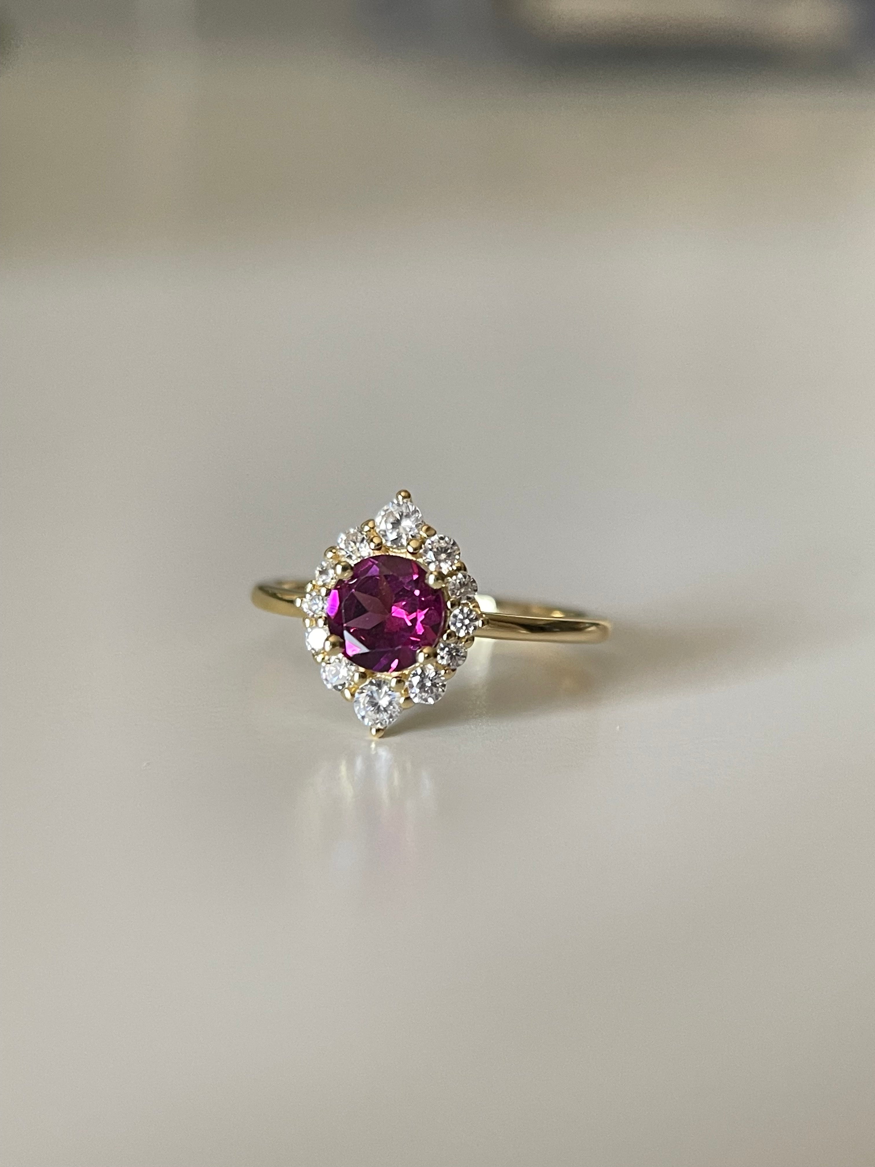 【Ensemble Cerise】Ensemble de 2 bagues de fiançailles en grenat rhodolite naturel fait main, 0,8 ct, forme ronde