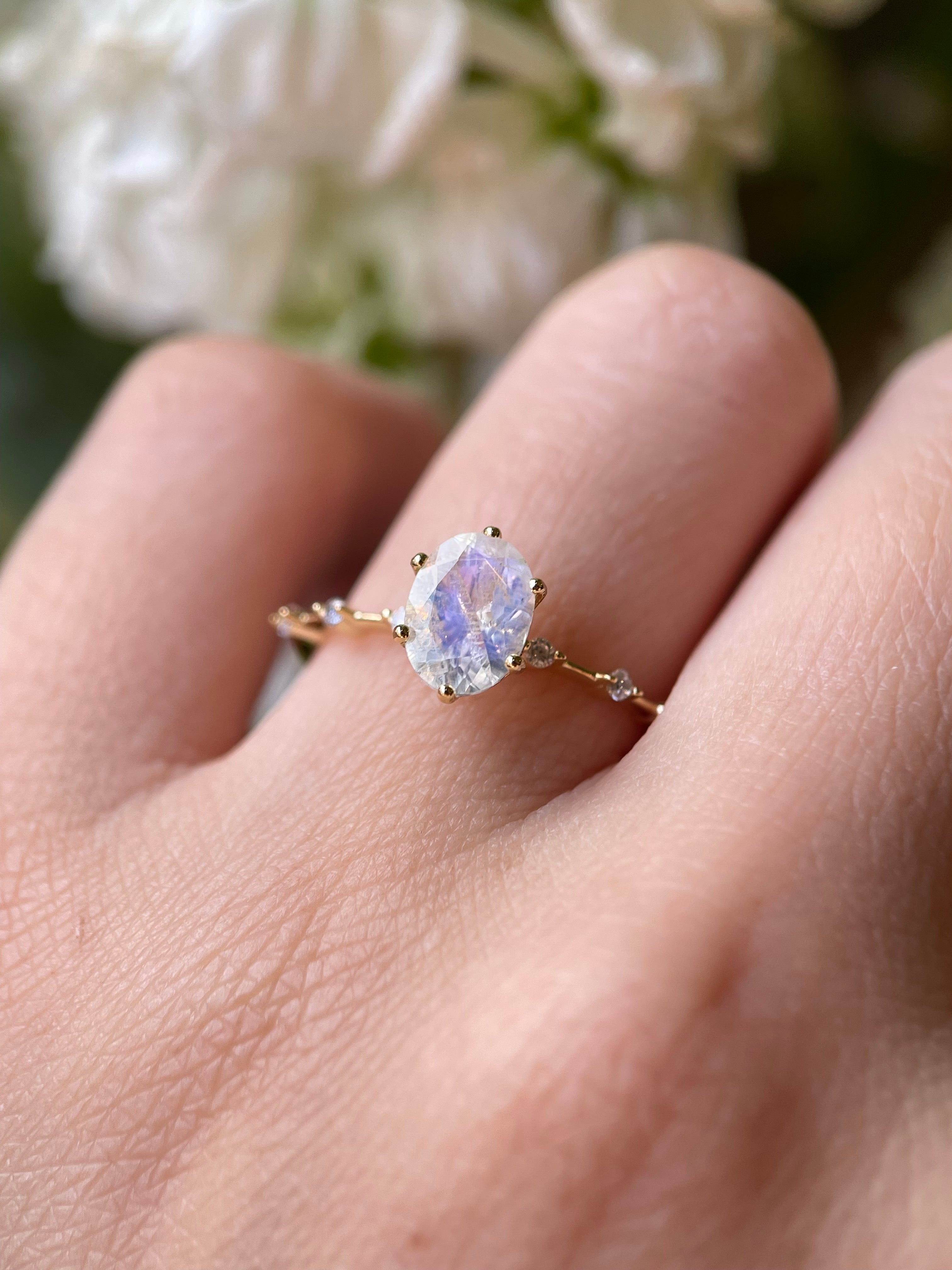 【Eternal Phases】Unique Handmade Natural Blue Moonstone Engagement Ring 1.5ct Oval Cut