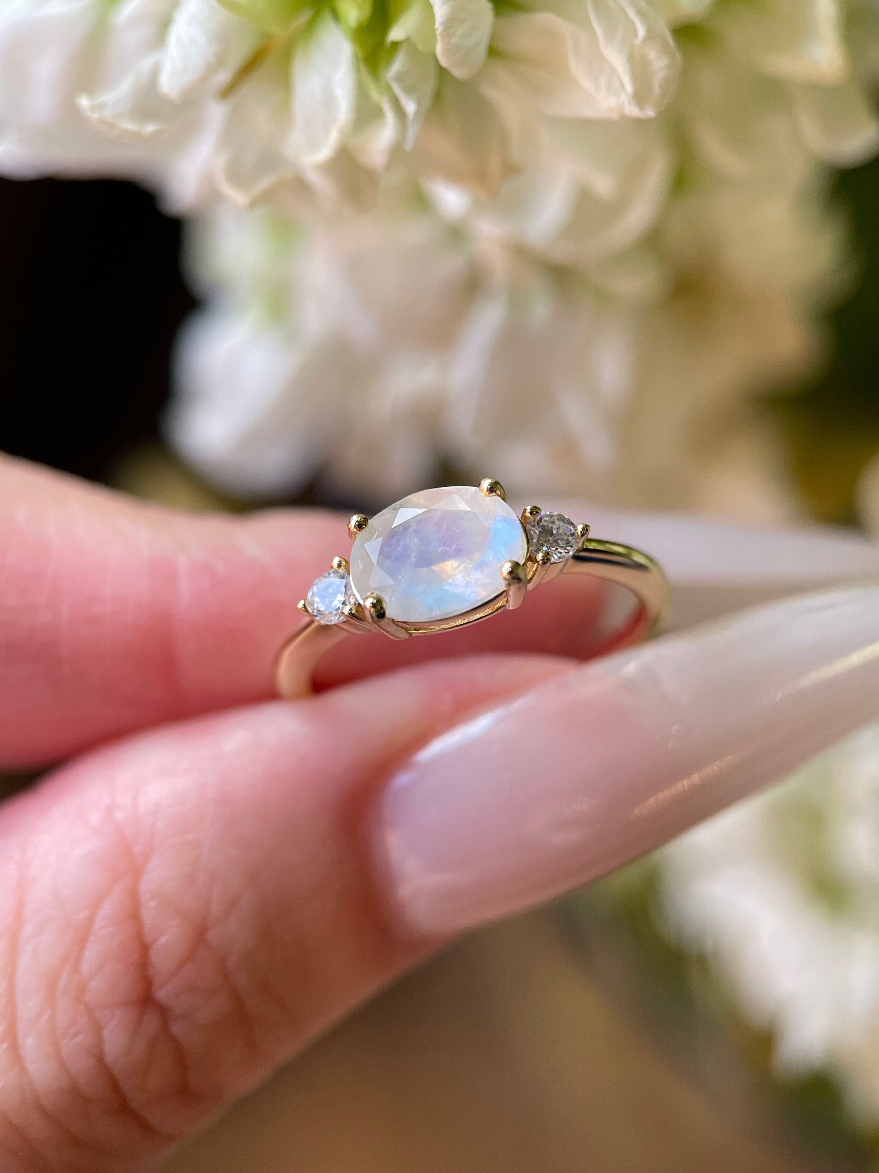 【Lunette】Unique Handmade Natural Blue Moonstone Engagement Ring Set Oval Cut