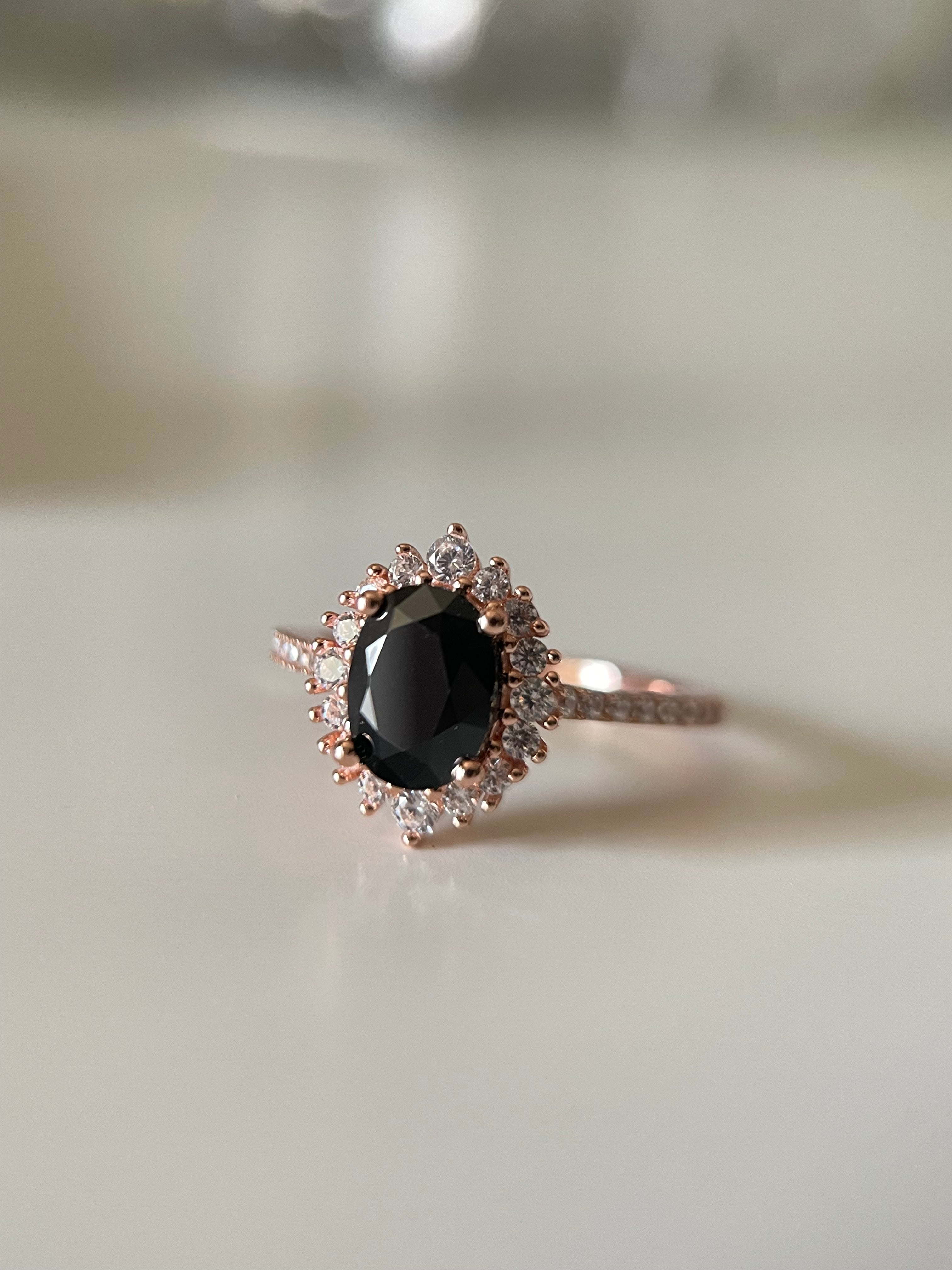 【Vespera】Handmade Natural Black Onyx Engagement Ring 1.5ct Oval Cut