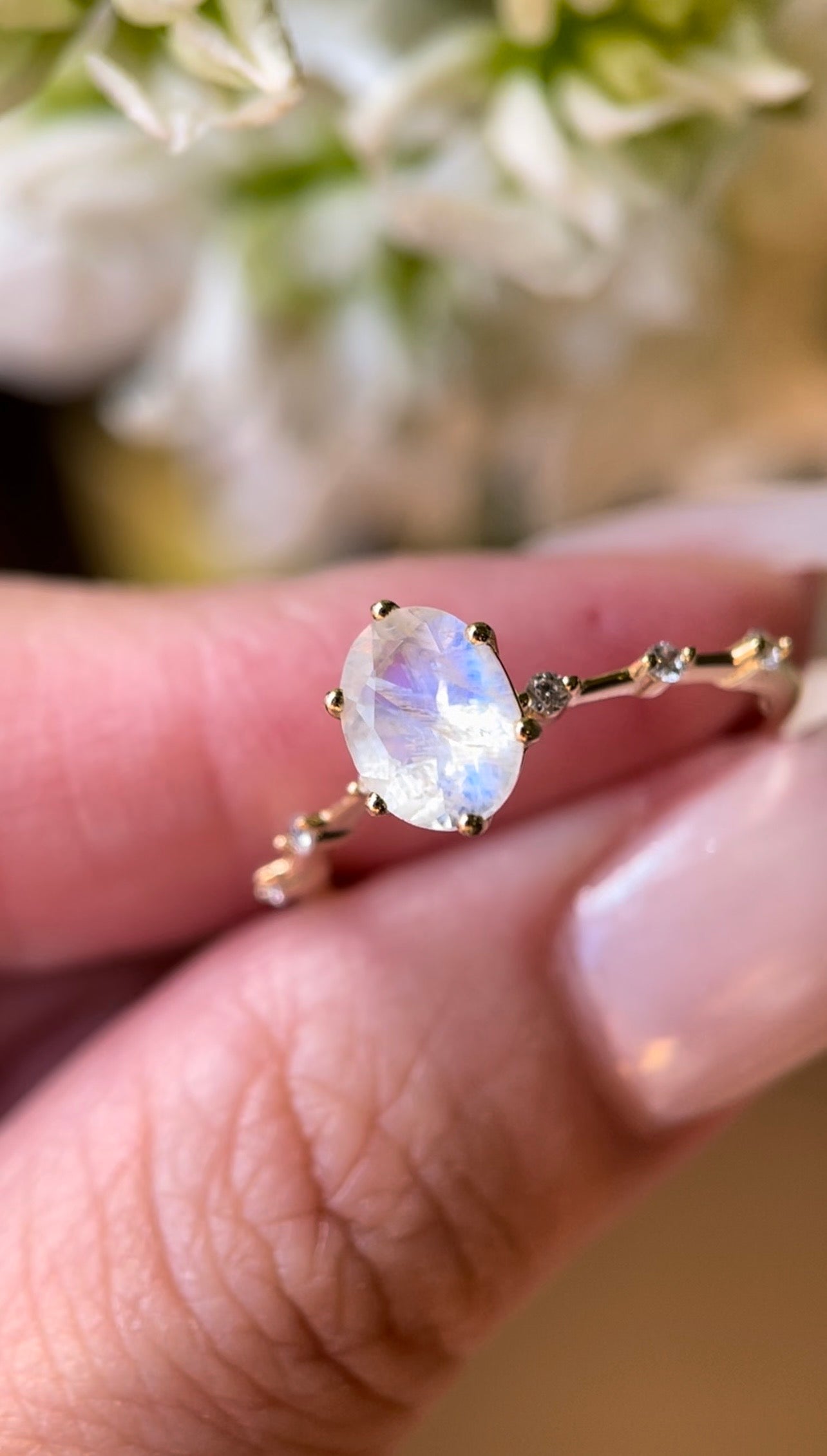 【Eternal Phases】Unique Handmade Natural Blue Moonstone Engagement Ring 1.5ct Oval Cut