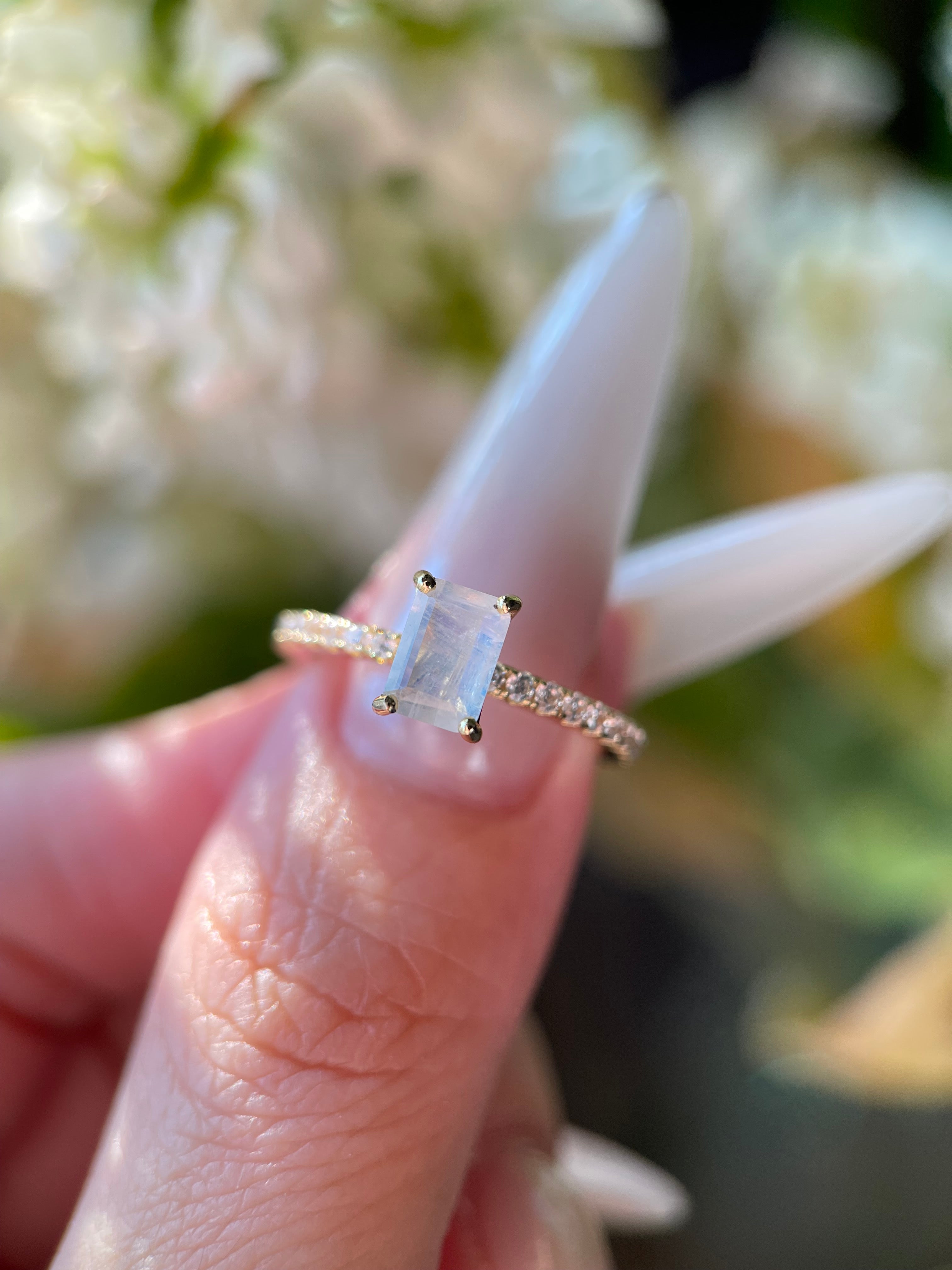 【Iris】Unique Handmade Natural Blue Moonstone Engagement Ring 1ct Emerald Cut