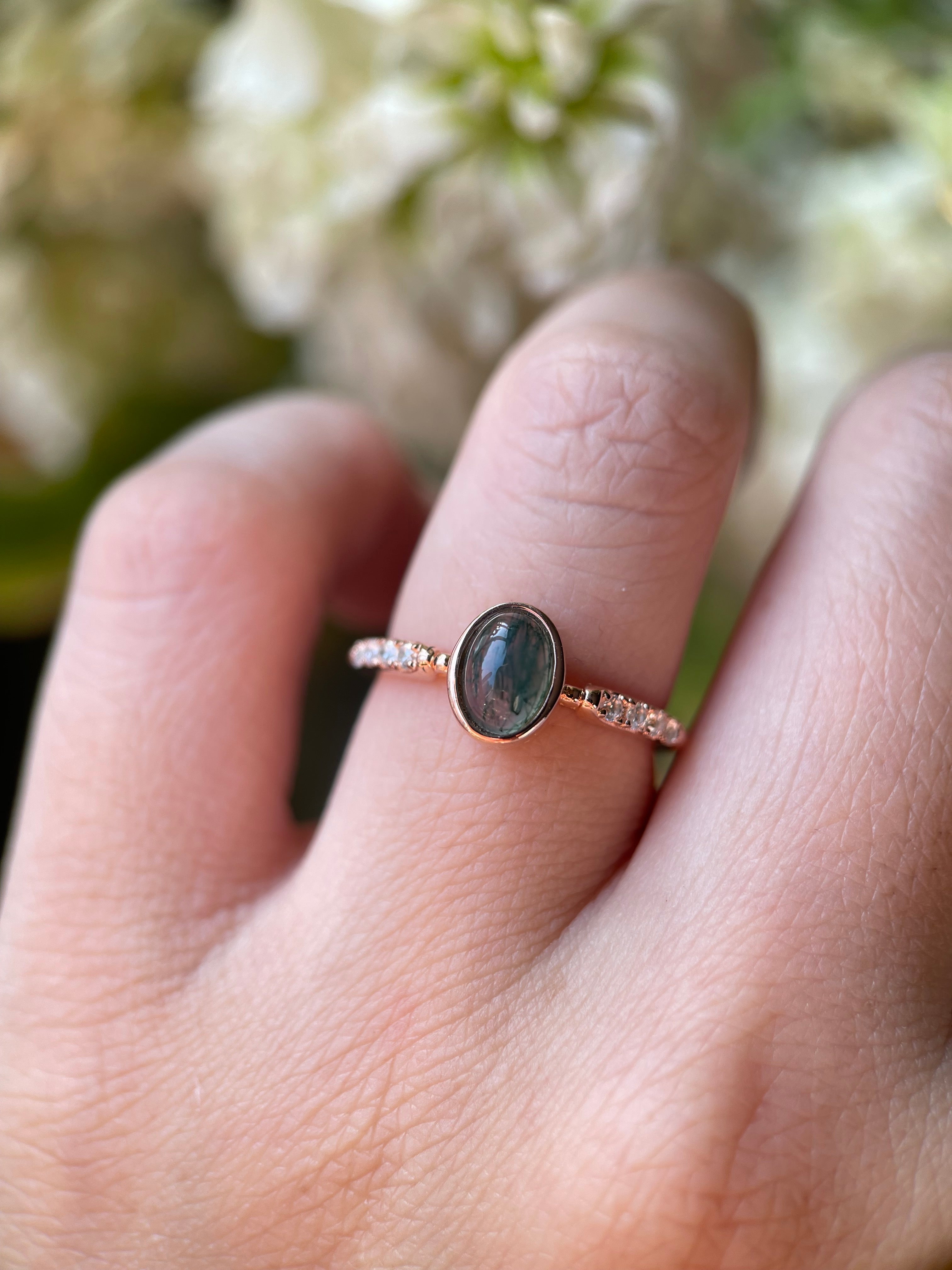 【Mossward】Bague de fiançailles unique en agate mousse naturelle faite à la main, de forme ovale, 0,8 ct