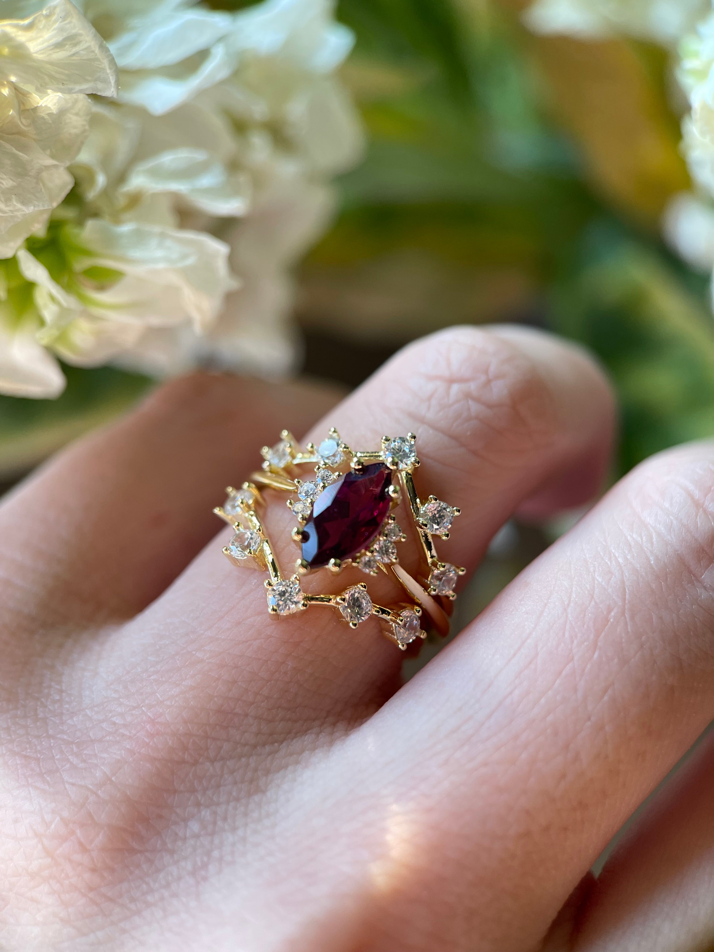 【Octavia SET】Handmade Natural Rhodolite Garnet Engagement Ring Set 3pcs Marquise Cut 1ct