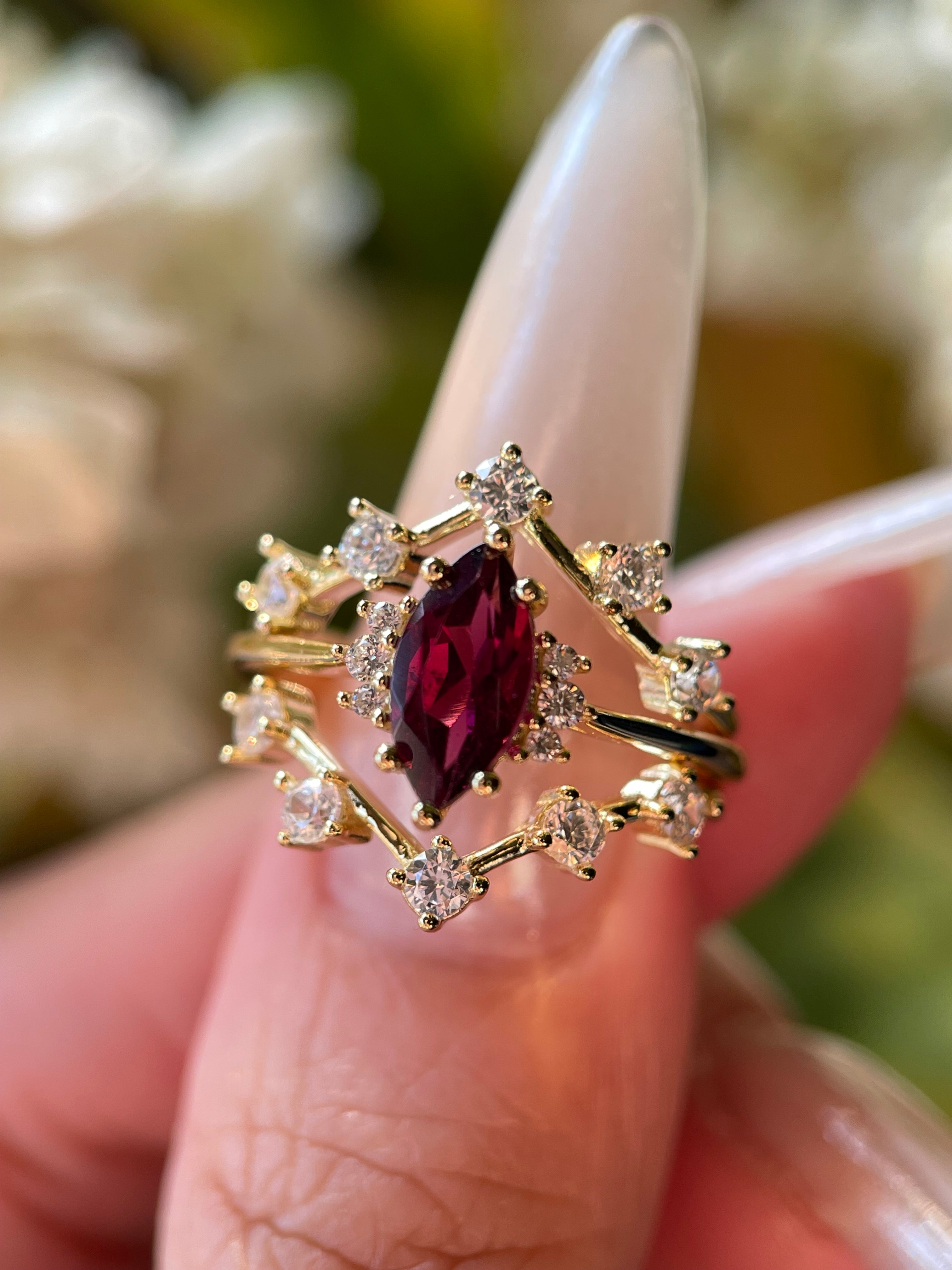 【Octavia SET】Handmade Natural Rhodolite Garnet Engagement Ring Set 3pcs Marquise Cut 1ct