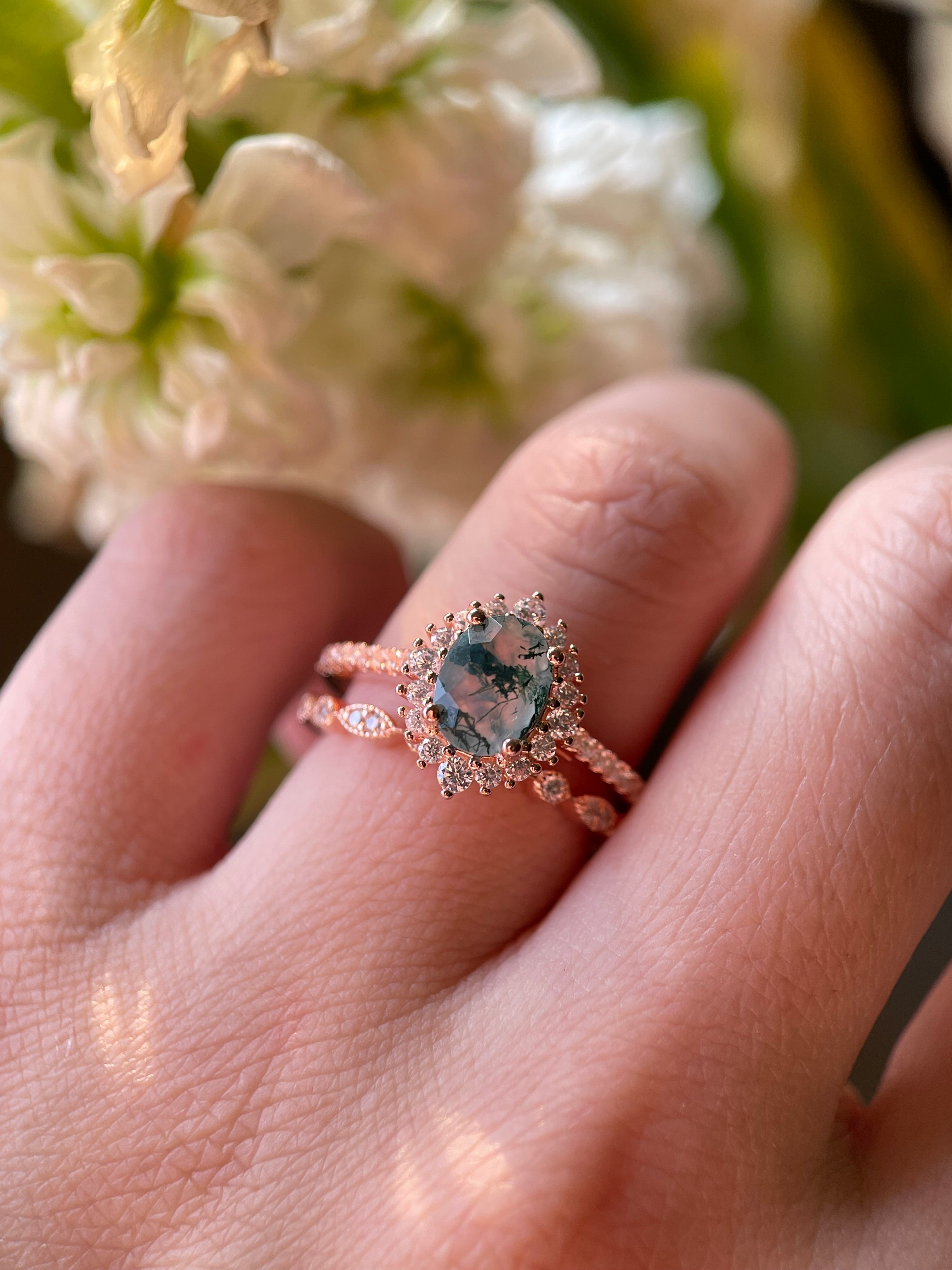 【Solara Set】Unique Handmade Natural Moss Agate Engagement Ring Set 2pcs 1.5ct Oval Cut