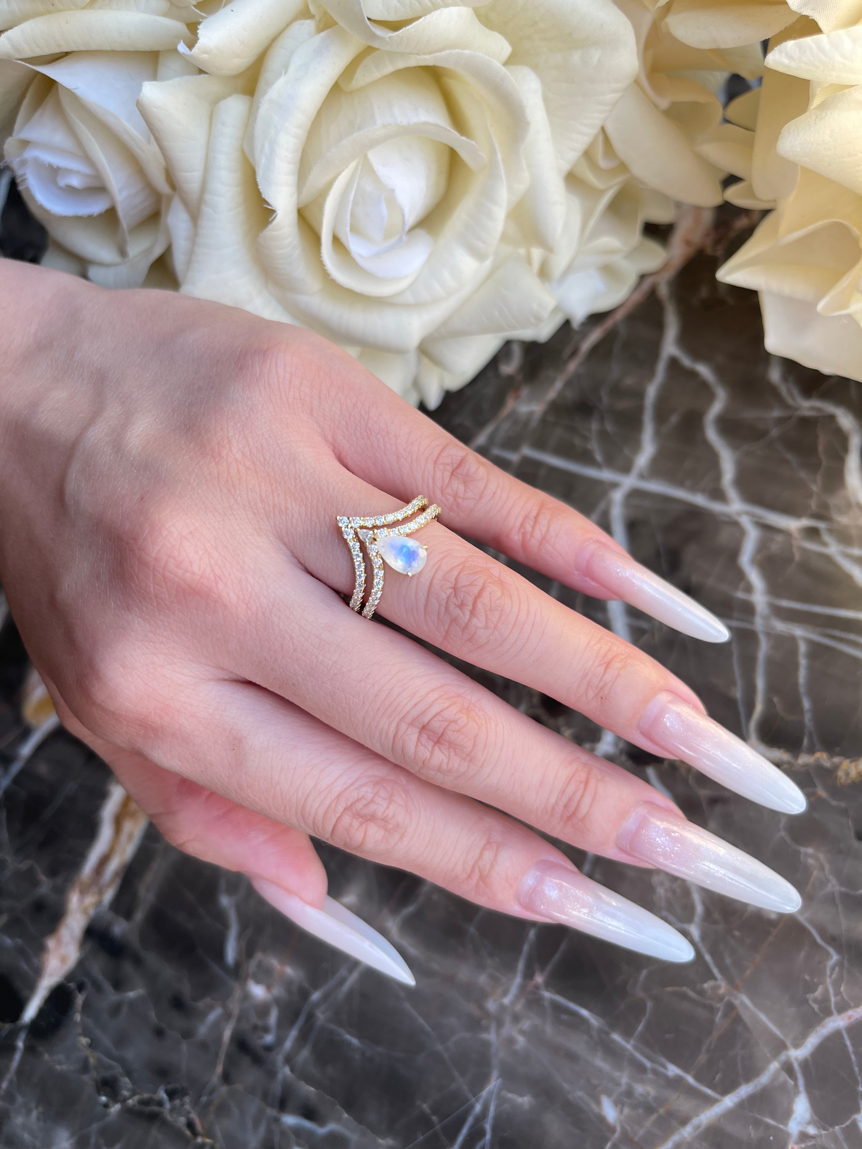 【Lumina Vow】Unique Handmade Natural Blue Moonstone Engagement Ring Set 2pcs 0.7ct Pear Shape