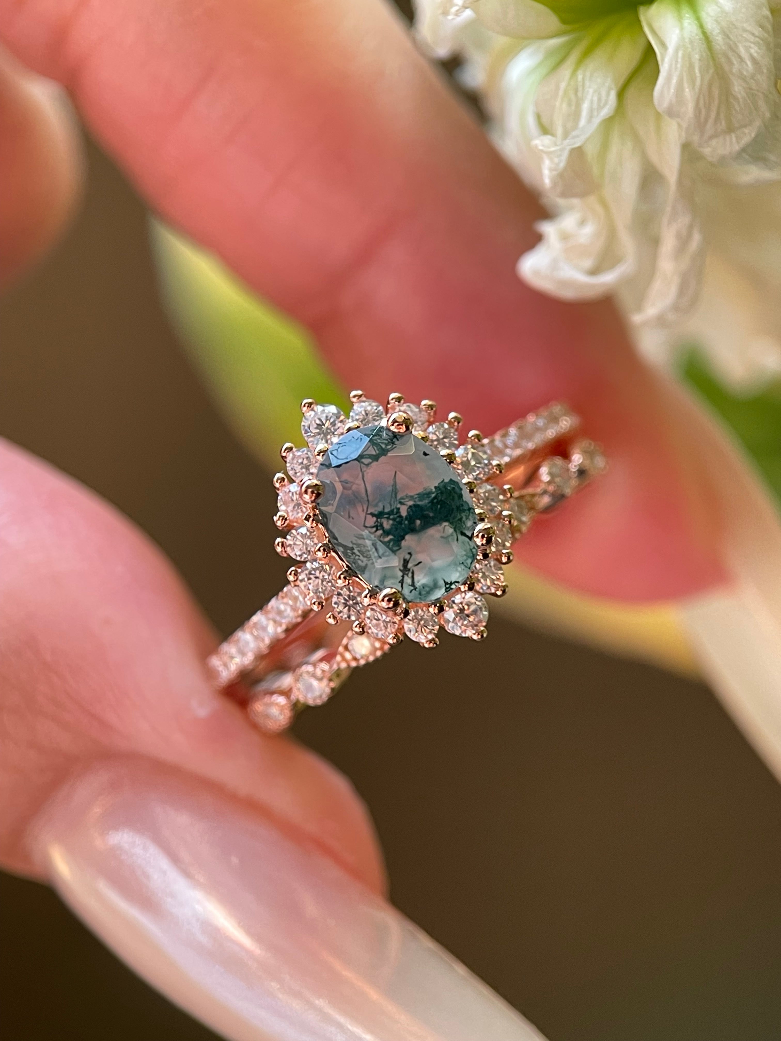 【Solara Set】Unique Handmade Natural Moss Agate Engagement Ring Set 2pcs 1.5ct Oval Cut