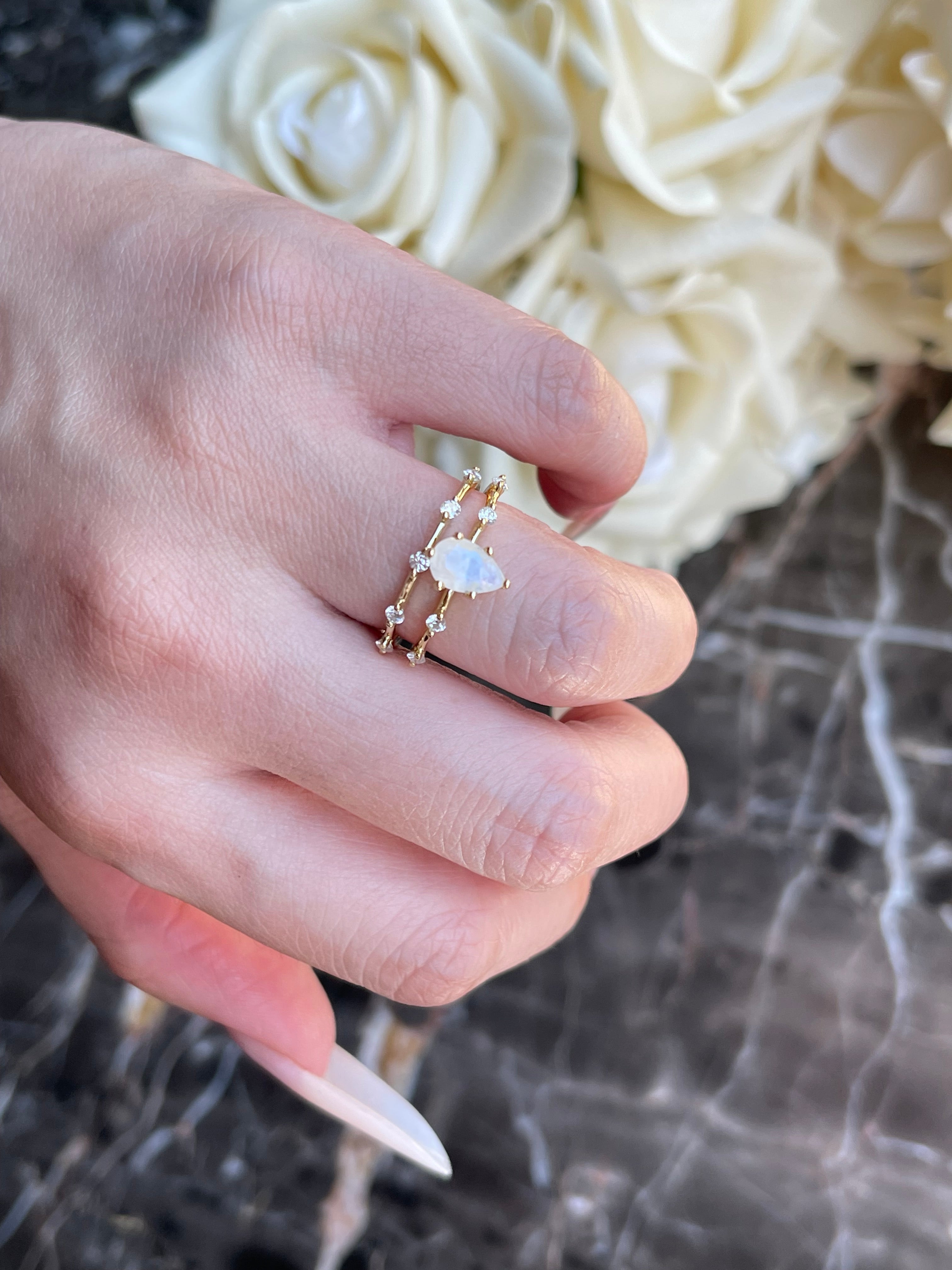 【Soulmate Set】Unique Handmade Natural Blue Moonstone Engagement Ring Set 2pcs 0.75ct Pear Shape