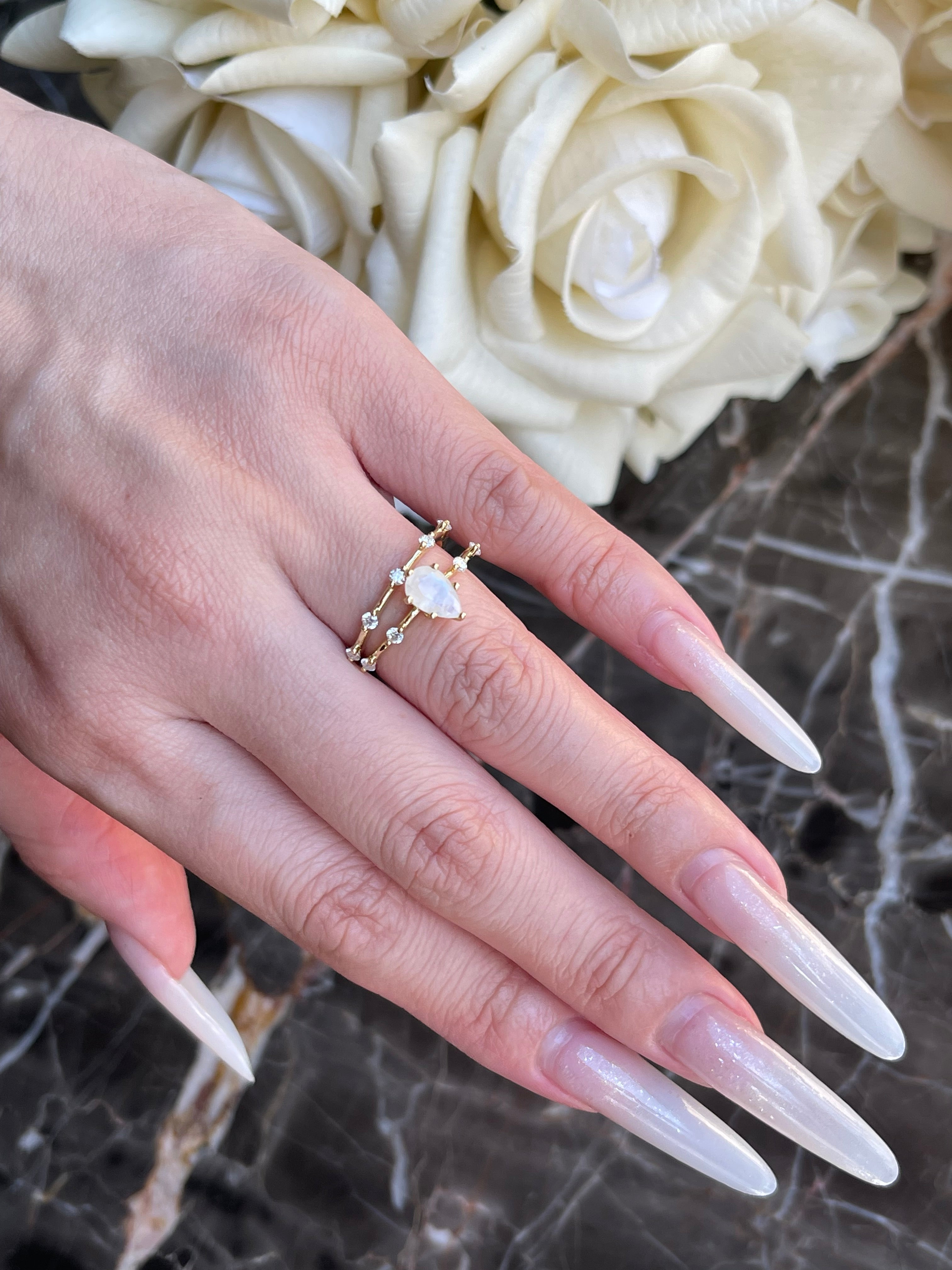 【Soulmate Set】Unique Handmade Natural Blue Moonstone Engagement Ring Set 2pcs 0.75ct Pear Shape